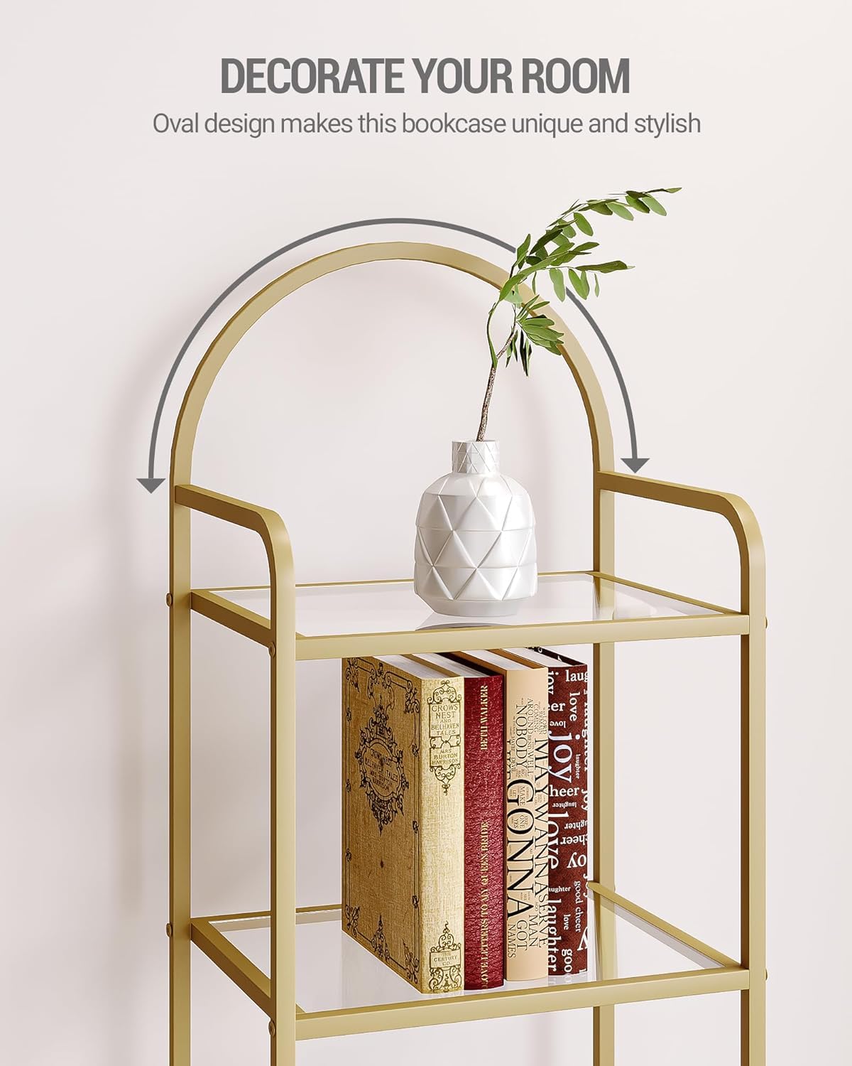 Hzuaneri Bookcase Bookshelf, Tempered Glass Bookshelves, Slim Shelving Unit for Bedroom, Bathroom, Home Office, Steel Frame, 5 Tier Gold BC05001G