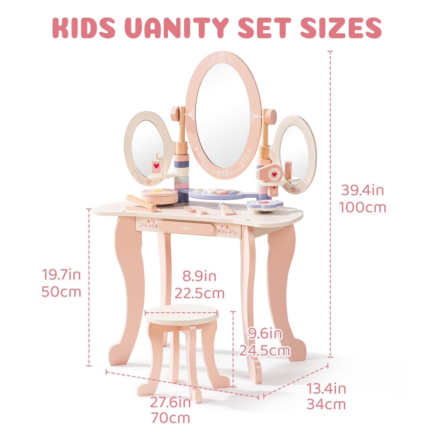 ROBUD Kids Vanity Table and Chair Set, Pink Girls Vanity with 11Pcs Accessories, Pretend Play Kids Vanity with Mirror and Drawer, Princess Makeup Desk Dressing Table, Ideal Gift for Girls Age 3+