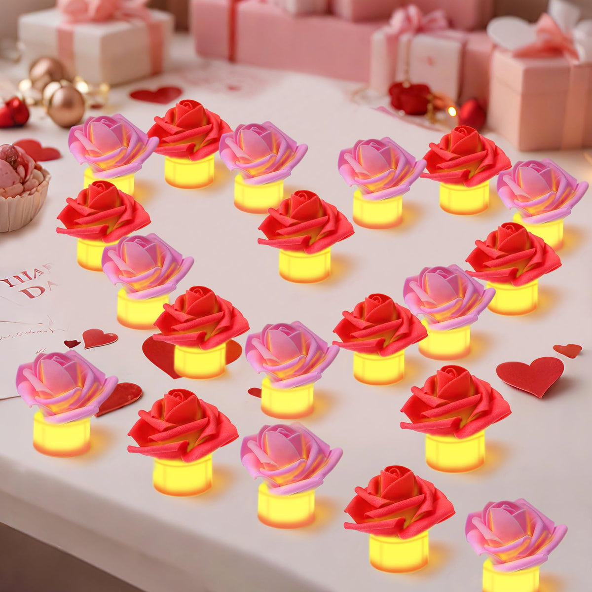YBB 24 Pack Artificial Rose Tea Light, Valentine's Day Rose Petals Flameless LED Candle Lights for Romantic Night Anniversary Wedding Party Decor