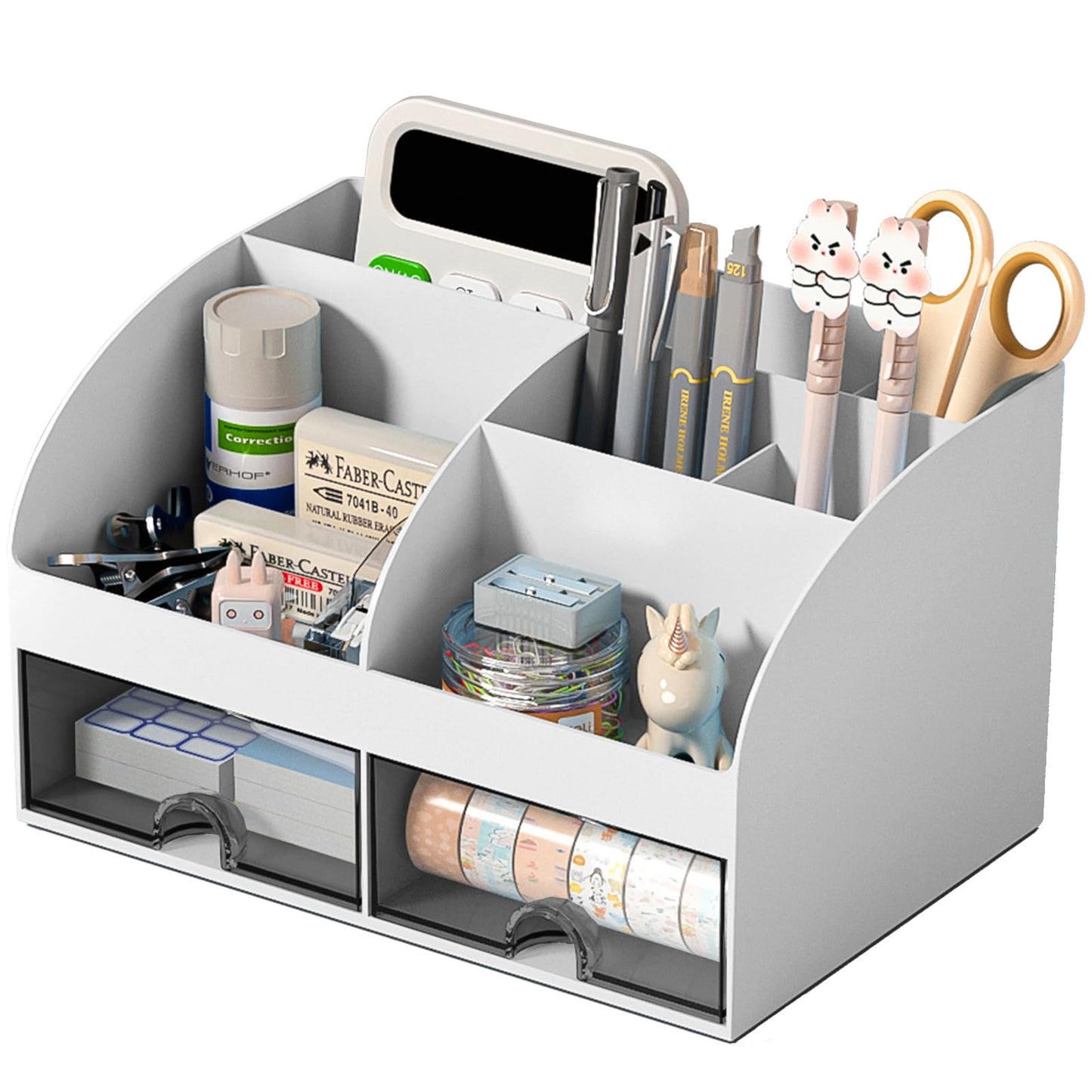 COMFYROOM Desk Organizer with 6 Compartments and 2 Drawers, Plastic Makeup Organizer, Pen Holder for Desktop Storage, Desk Organization for School, Home, Office Supplies (Grey)