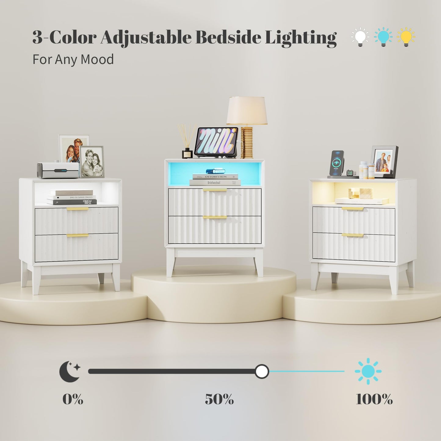 LVSOMT 20'W Fluted Nightstand with Charging Station, LED Night Stand with RFID Lock Hidden Drawer, Mid Century Modern Bedside Table for Bedroom, 2 Drawers and Open Storage Cubby, White