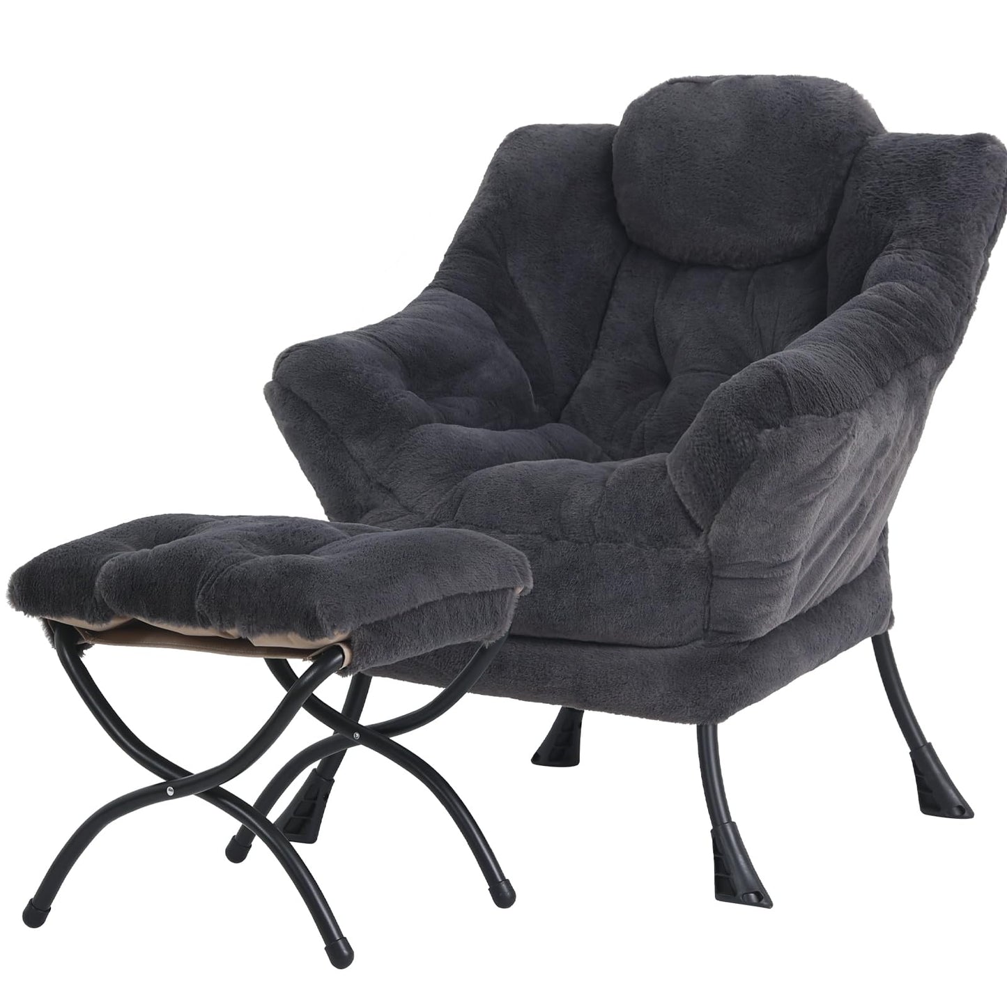 SESHINELL Lazy Chair with Ottoman, Modern Accent Chair Lounge Leisure Sofa Chair with Armrests, Reading Chair and Folding Footstool for Living Room, Bedroom, Office, Plush Navy