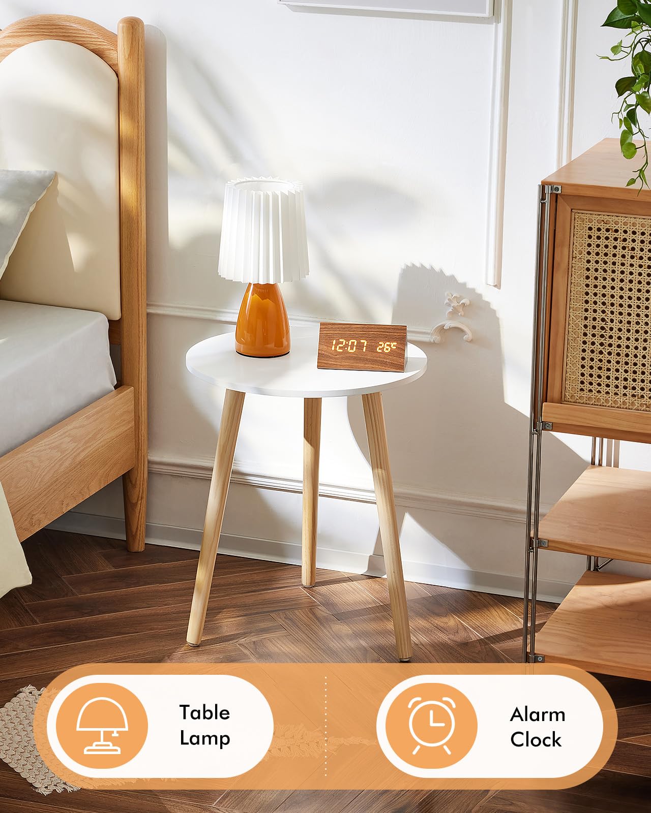 Apicizon Round Side Table Set of 2, White Nightstand Coffee End Table for Living Room, Bedroom, Small Spaces, Modern Home Decor Bedside Table with Natural Wood Legs, 16.5 Inches