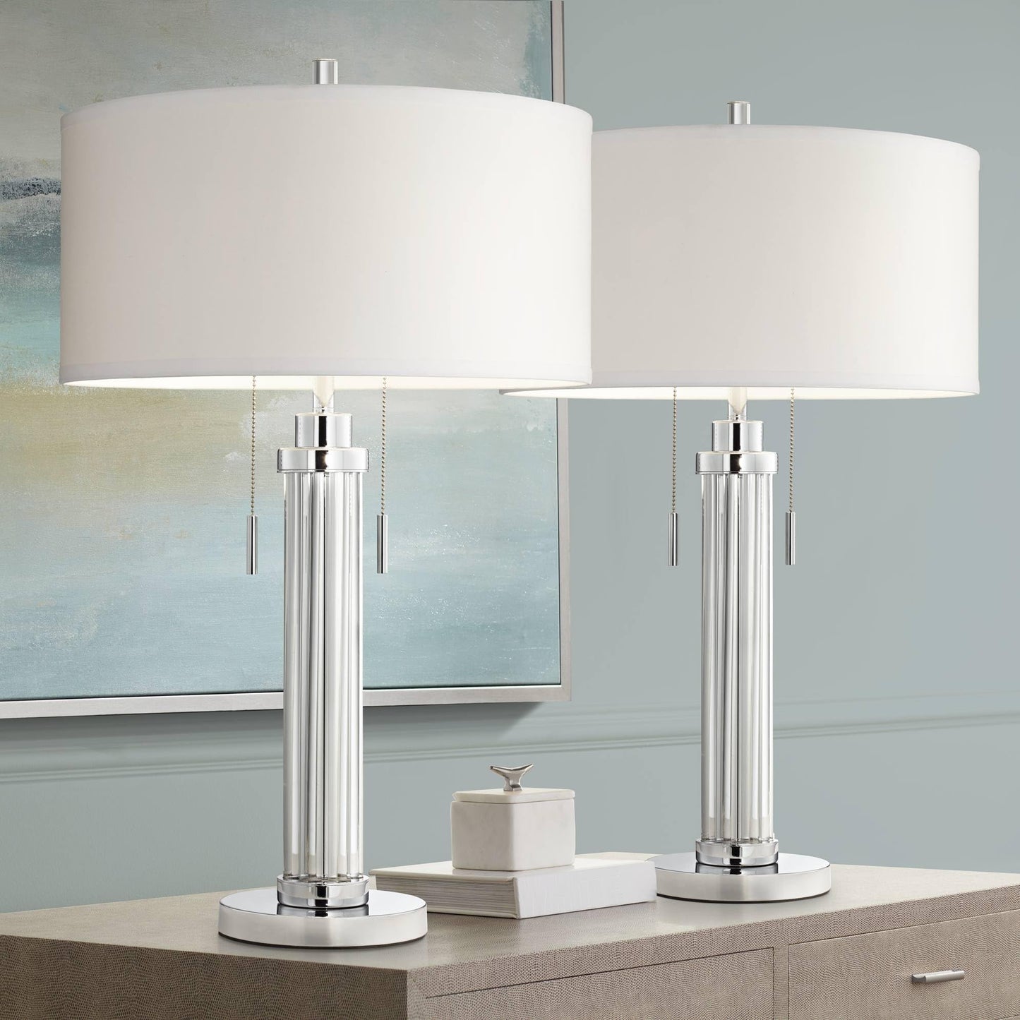 Possini Euro Design Cadence 30" Tall Glass Column Large Modern Glam End Table Lamps Set of 2 Pull Chain Clear Living Room Bedroom Bedside Nightstand House Office Home Reading Kitchen White Shade