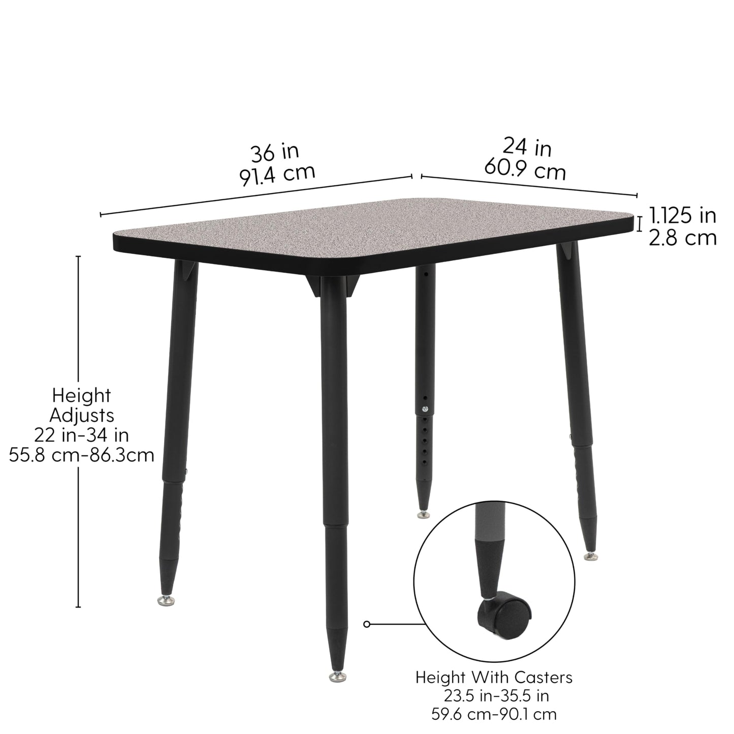 Adapte Commercial Classroom Activity Table - 24" x 36" Rectangle, ADA Compliant Tapered Legs with Glides & Casters, Adjustable Height 22-34" Wheelchair Accessible, School & Office Furniture
