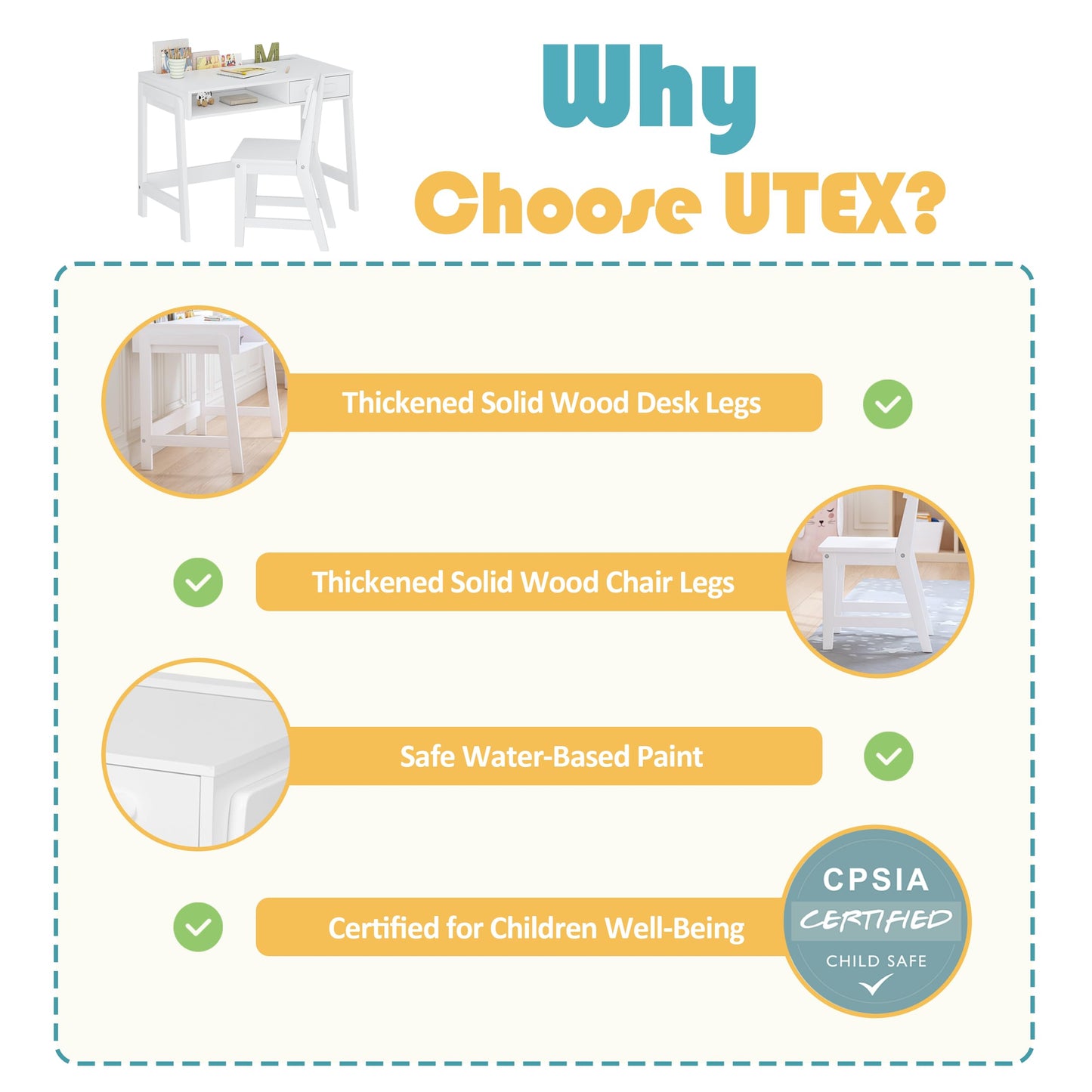 UTEX Kids Desk and Chair Set, Study Desk for Kids with Storage Bins, Wooden Children Study Table, Student Writing Desk for Bedroom & Study Room (1 Open & 1 Drawer)