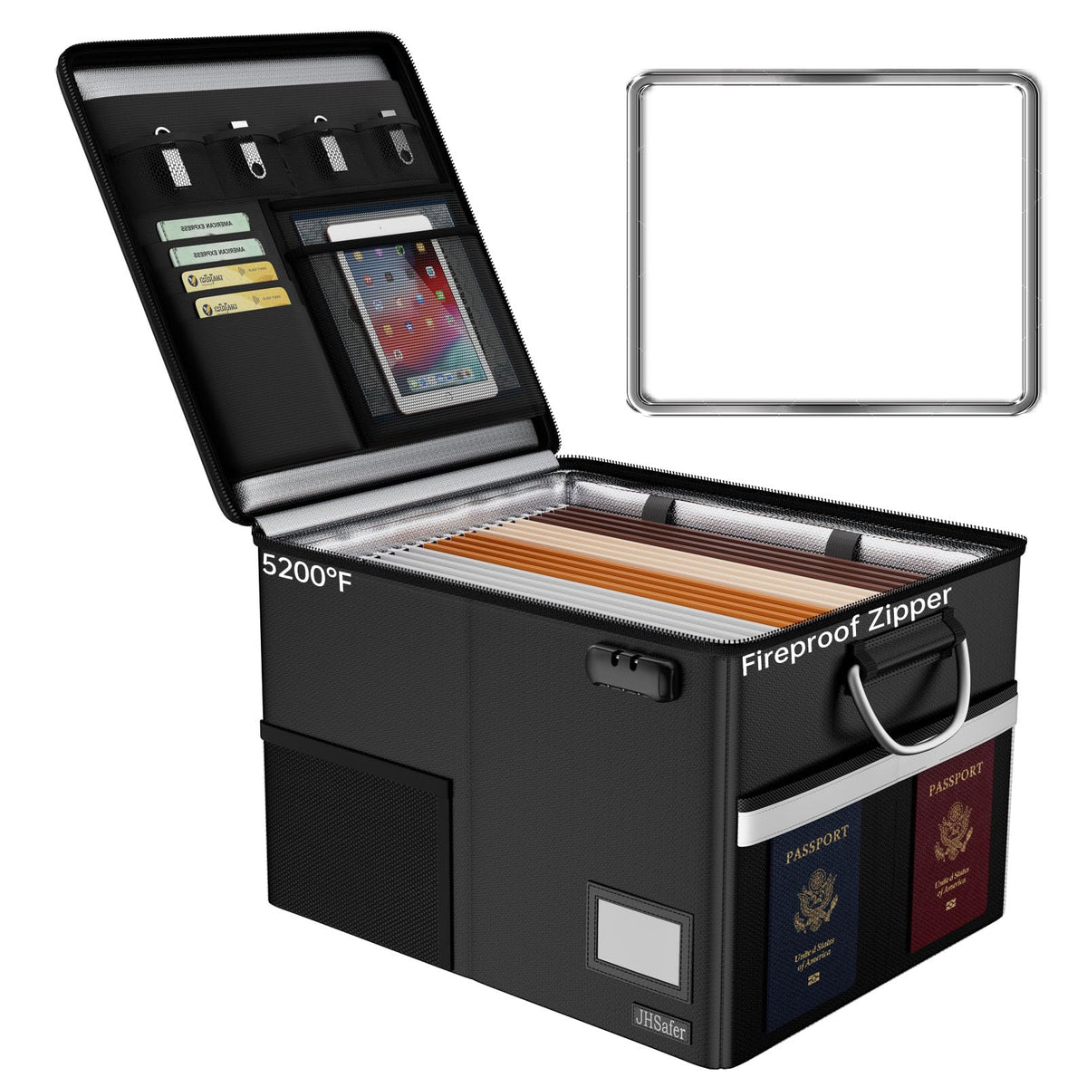 JHSafer 5200℉ Fireproof Document Box with Lock, Waterproof File Organizer with Handle, Portable Collapsible Filing Cabinet with Reflective Strip for Hanging Letter/Legal Folder, Black