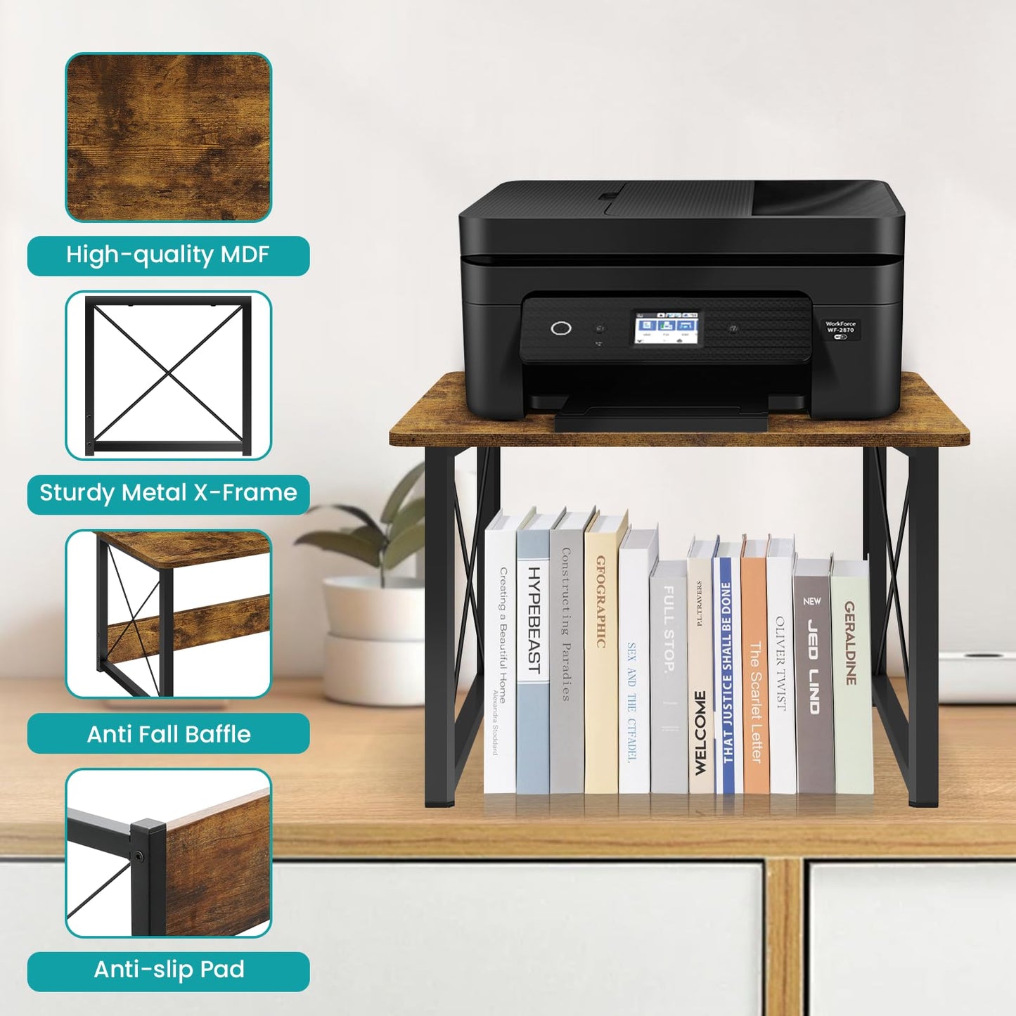 ELITEROO Desktop Printer Stand with Storage, Printer Stand Shelf Desk Organzier for Home/Office, Multi-Purpose Printer Riser Under Desk Small Table for Printer Fax Machine Copier (Rustic Brown)