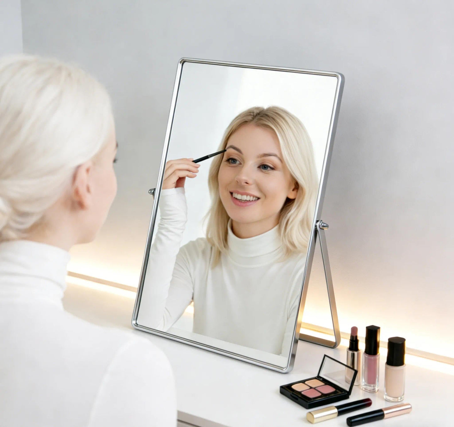 Feyarl Desktop Makeup Vanity Mirror Vertical Tabletop Mirror 90° Rotation Decorative Standing Cosmetic Mirror for Bedroom Bathroom Desk Dresser (Silver)