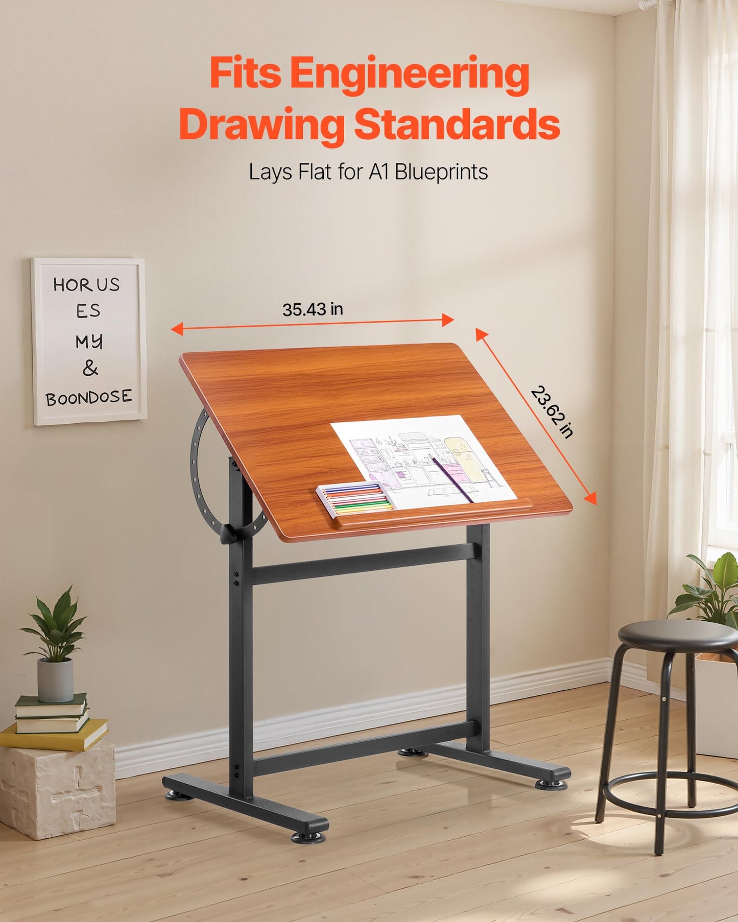 VEVOR Drafting Table, Adjustable 0°–90° Tilt Drawing Desk, Portable Artist Table with Black H-Frame and Brown Desktop, Wooden Painting Desk Craft Workstation for Reading, Writing, Crafting, Meeting