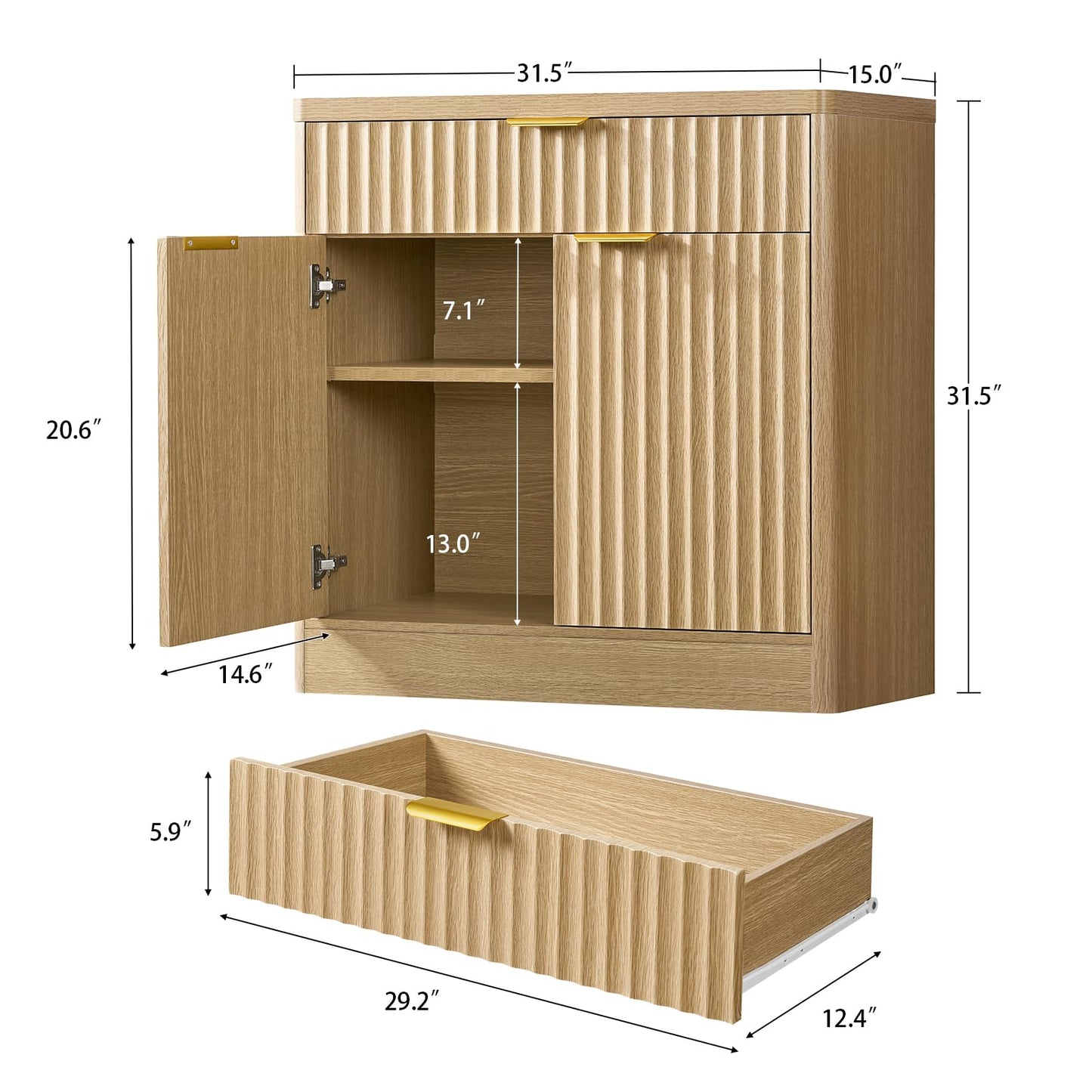 TEENFON 31.5" W Storage Cabinet with Drawer and Adjustable Shelf, Coffee Bar Cabinet, Fluted Sideboard Buffet Cabinet with 2 Doors for Living Room, Kitchen, Entryway, Natural