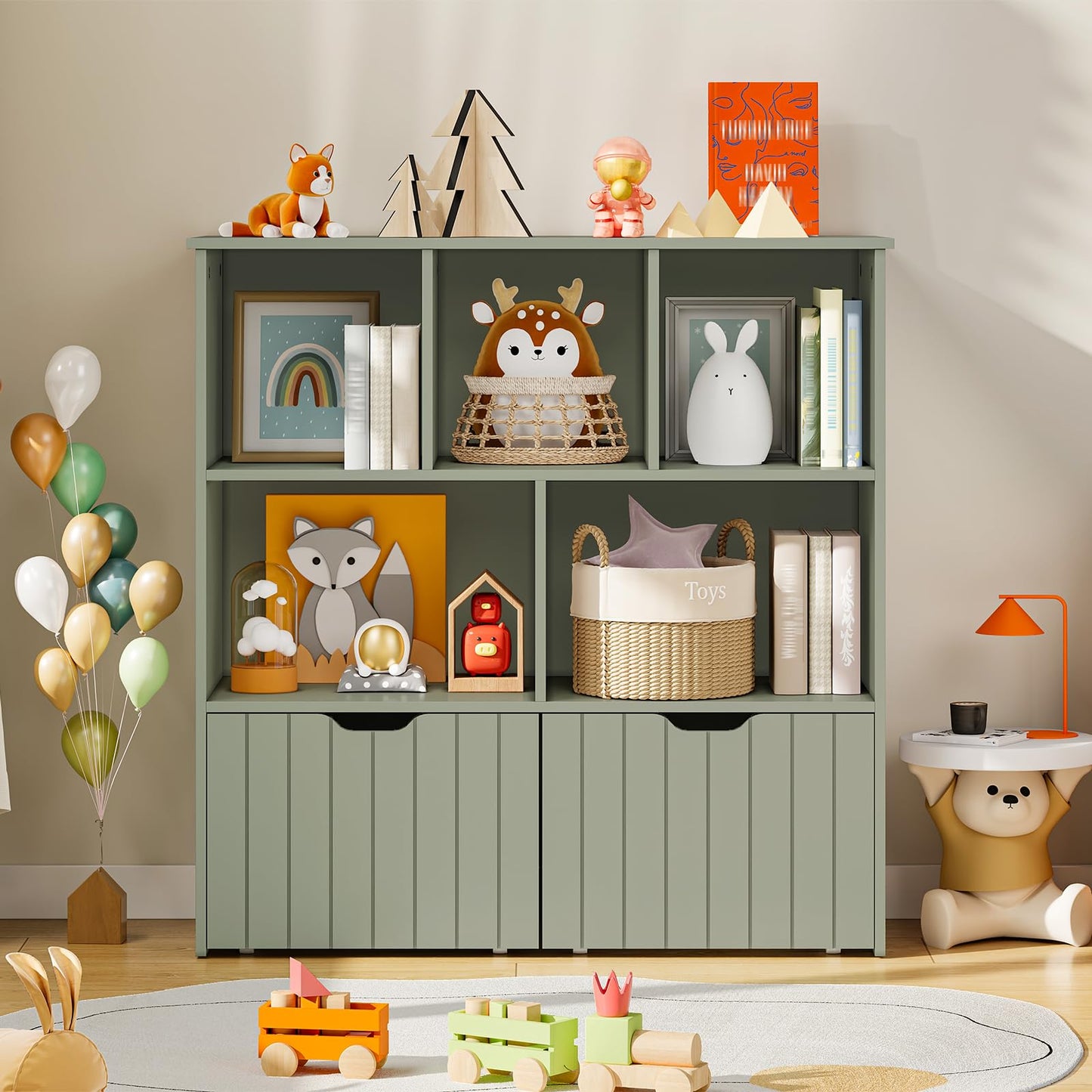 HOOBRO Toy Storage Organizer, Toy Organizers and Storage with 2 Movable Drawers and 5 Cubbies, Toy Chest Shelf for Books or Dolls, Kids Bookshelf and Toy Storage for Playroom, Green GN88CW01