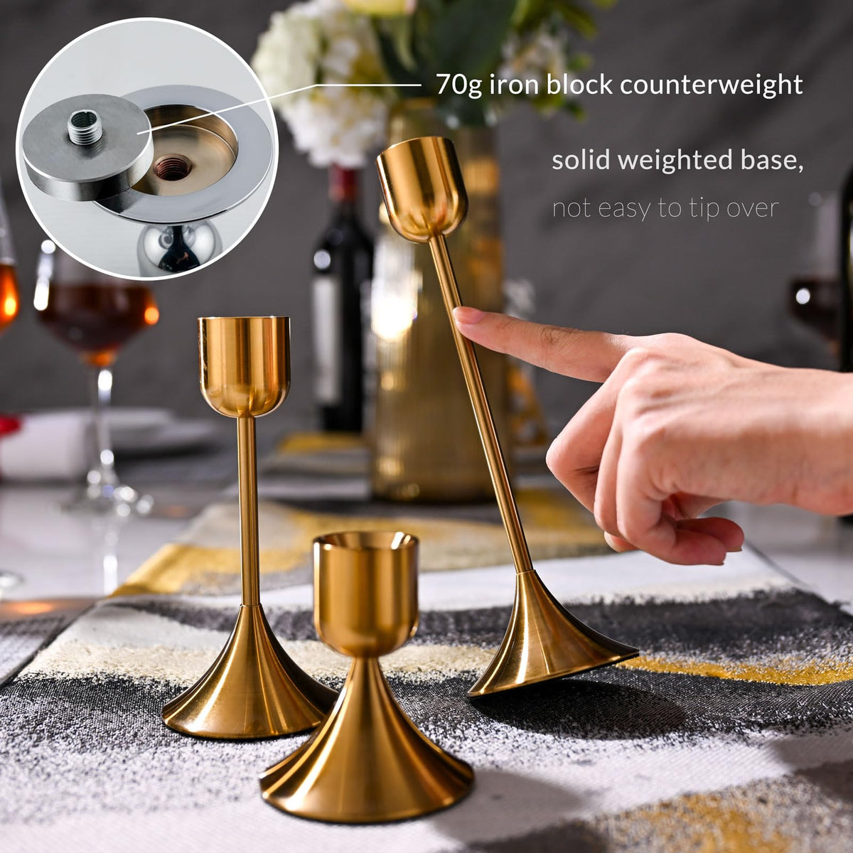 idyllictime Candle Holder Metal Heavy Base for Room Décor Christmas Decorations Party Wedding Halloween Shiny Copper, 1 Set (3 Pcs)