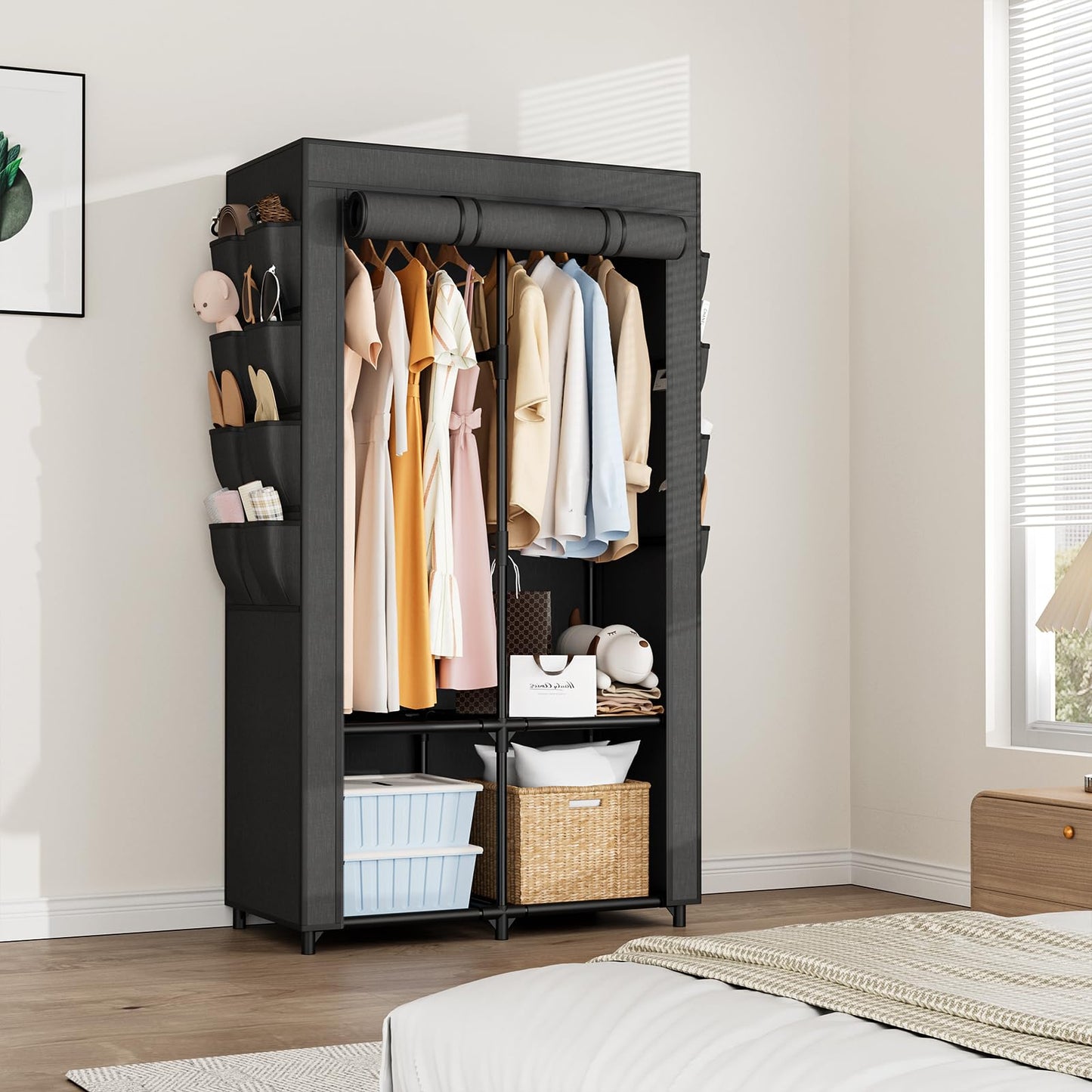 BrFoYu Portable Closet for Hanging Clothes, Portable Wardrobe Closet with Cover, 4 Storage Shelves, 2 Hanging Rods and 8 Side Pockets, Easy Assembly and Sturdy Free Standing Closet for Bedroom, Black
