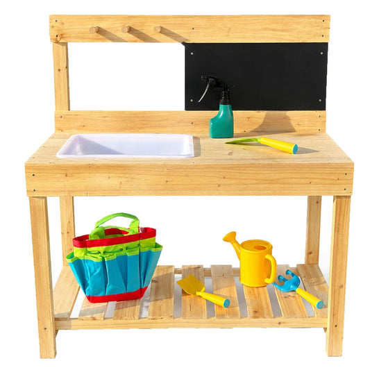 ZCCREATTIVE Children Wooden Potting Bench for Outdoor Indoor, with Sink, Blackboard, and Storage Shelves, 31 x 15 x 35 Inches,Kids Garden Work Table Workstation for Backyard Patio Lawn