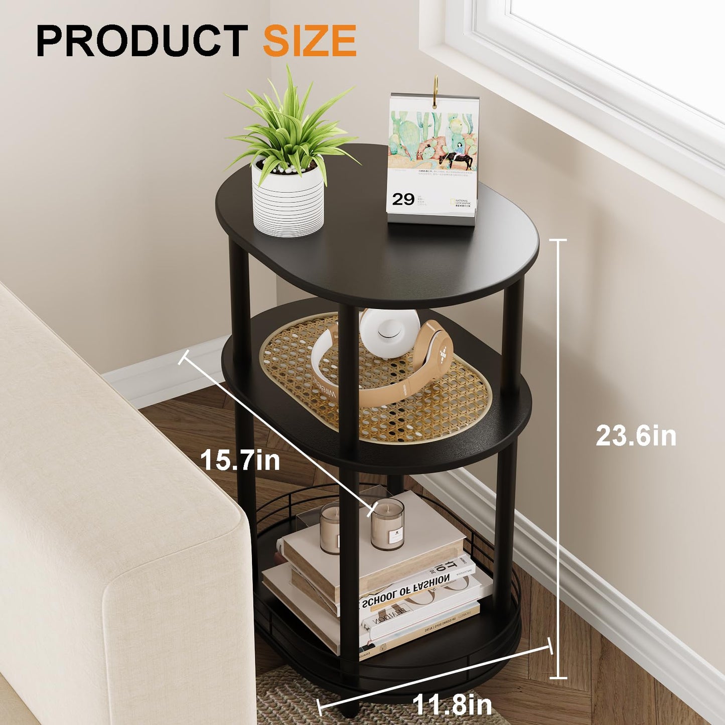Small Rattan Side/Accent Table with Storage, 3 Tier Round/Oval End Table with Rattan Shelf & Metal Basket, Boho Nightstand, Tool Free Assembly/Screw-Hole Free Tabletop-Living Room Bedroom-Black