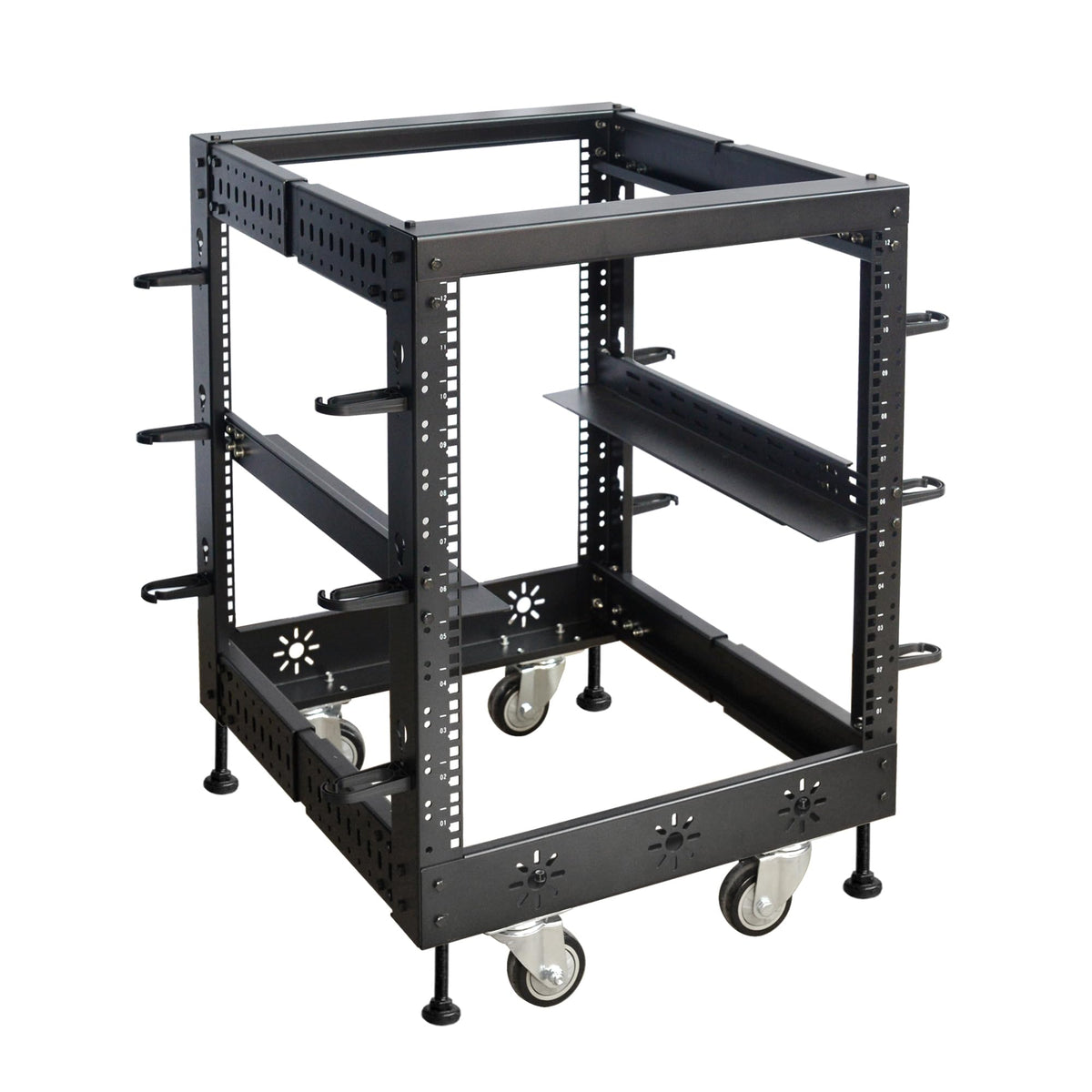 RIVECO 12U 19” Adjustable Depth Server Rack Support Up to 1700LBS Floor Standing 4 Post Rack with L Rails & Load-Bearing Casters Universal for Network Equipment Black
