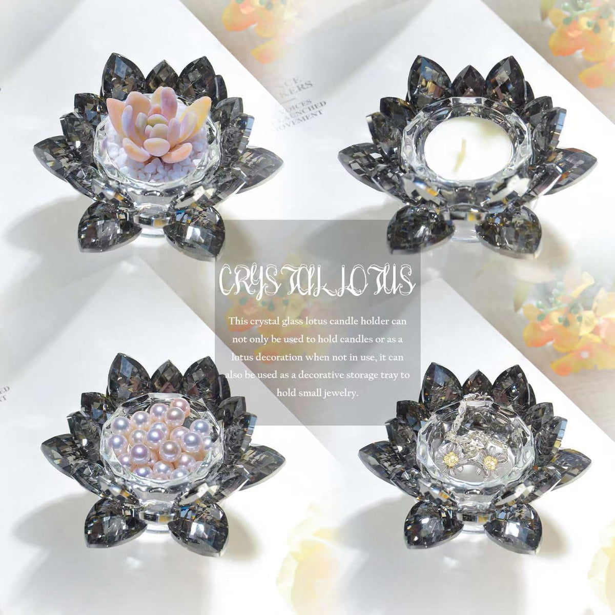 Kolnlala Crystal Lotus Flower Tealight Candle Holders/Glass Tea Light Candlestick Decor Decoration for Christmas Home Wedding Party… (1, Black 1pc)