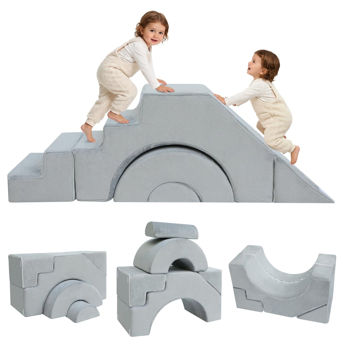MeMoreCool Modular Kids Sofa – Convertible Foam Couch with Slide & Stair, Playroom & Bedroom Sectional Child Furniture | Soft Washable Cover | Ages 3+ | Grey