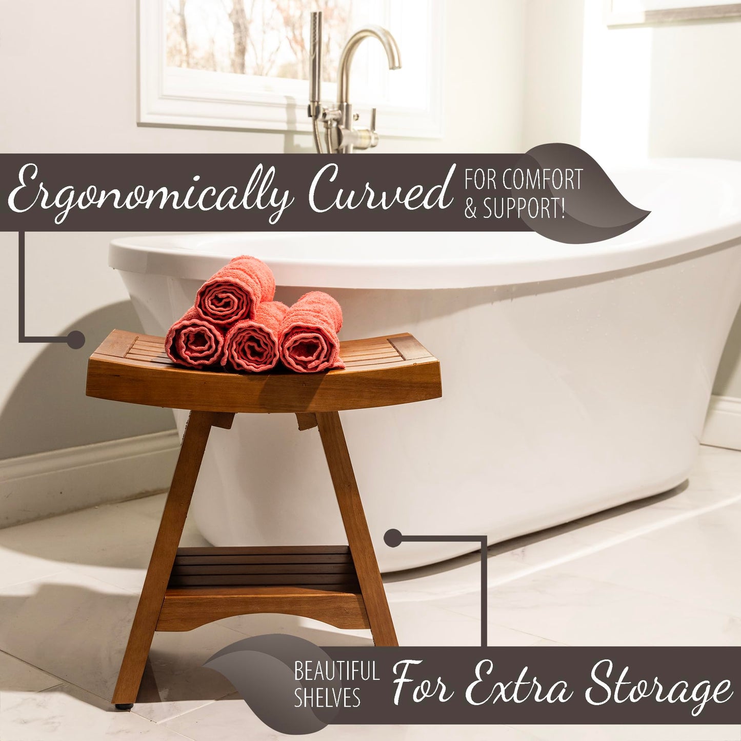 Purteak Teak Shower Bench, 450 Pound Capacity Shower Stool, Water Resistant 18 Inches Solid Wood Seat, Teak Wooden Stool for Inside to Sit On, Extra Sturdy and Slip Resistant Seat