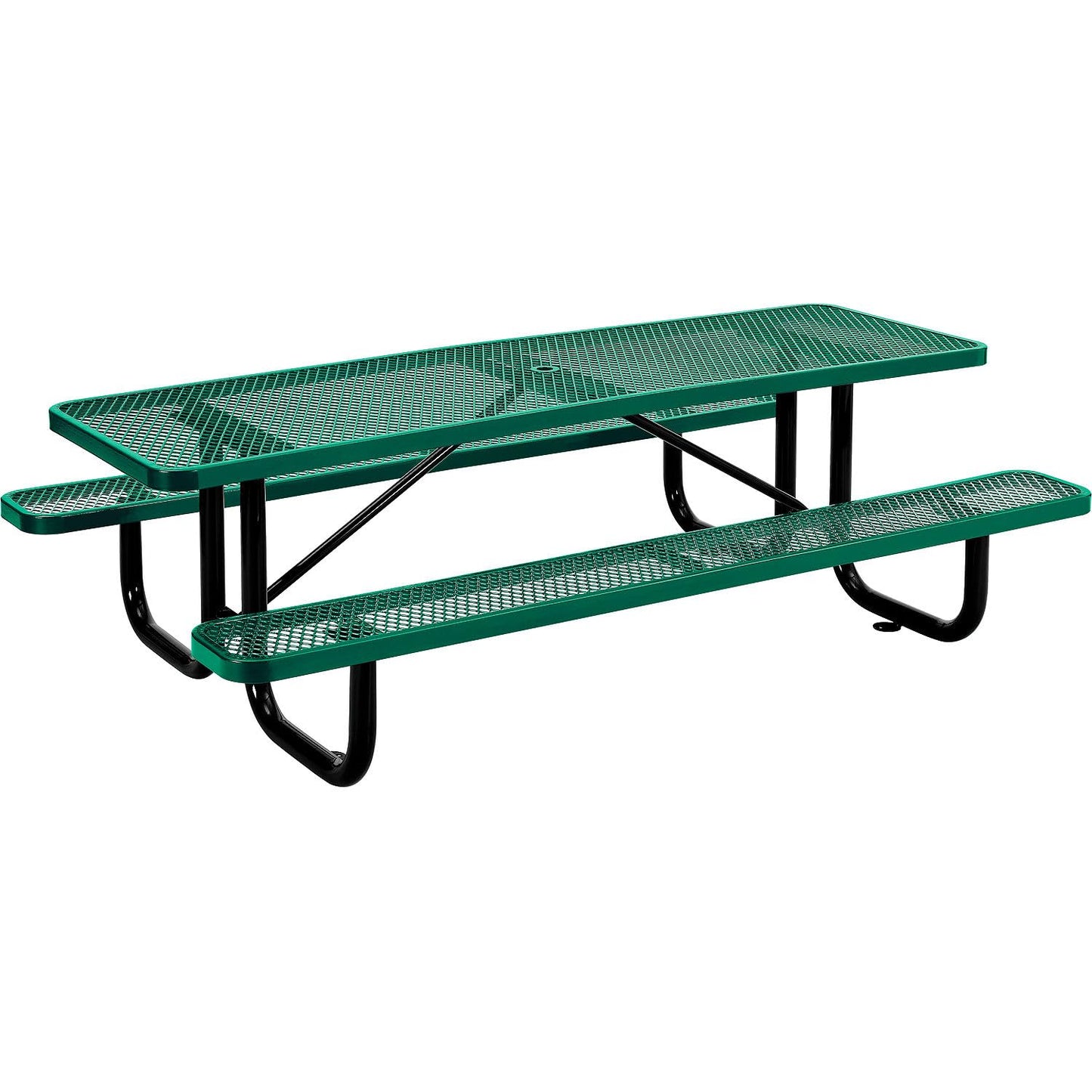Global Industrial 8’L Rectangular Picnic Table, Expanded Metal, Green Thermoplastic Coating, Attached Benches, 1-1/2” Umbrella Pole Hole, Outdoor-Rated, 1000 lb Capacity, 96” x 30” Tabletop
