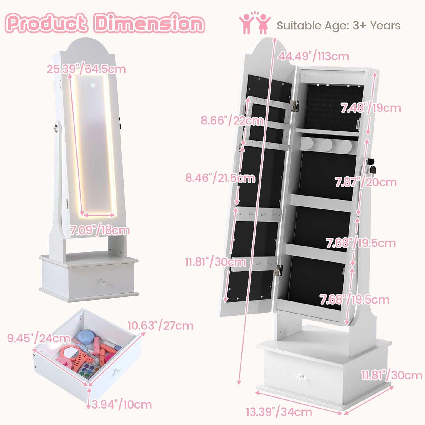 INFANS Kids Jewelry Armoire Cabinet with LED Lights, Lockable Standing Organizer with Full-length Mirror, Unicorn Theme Children Vanity Dress Up Storage Rack for Girls