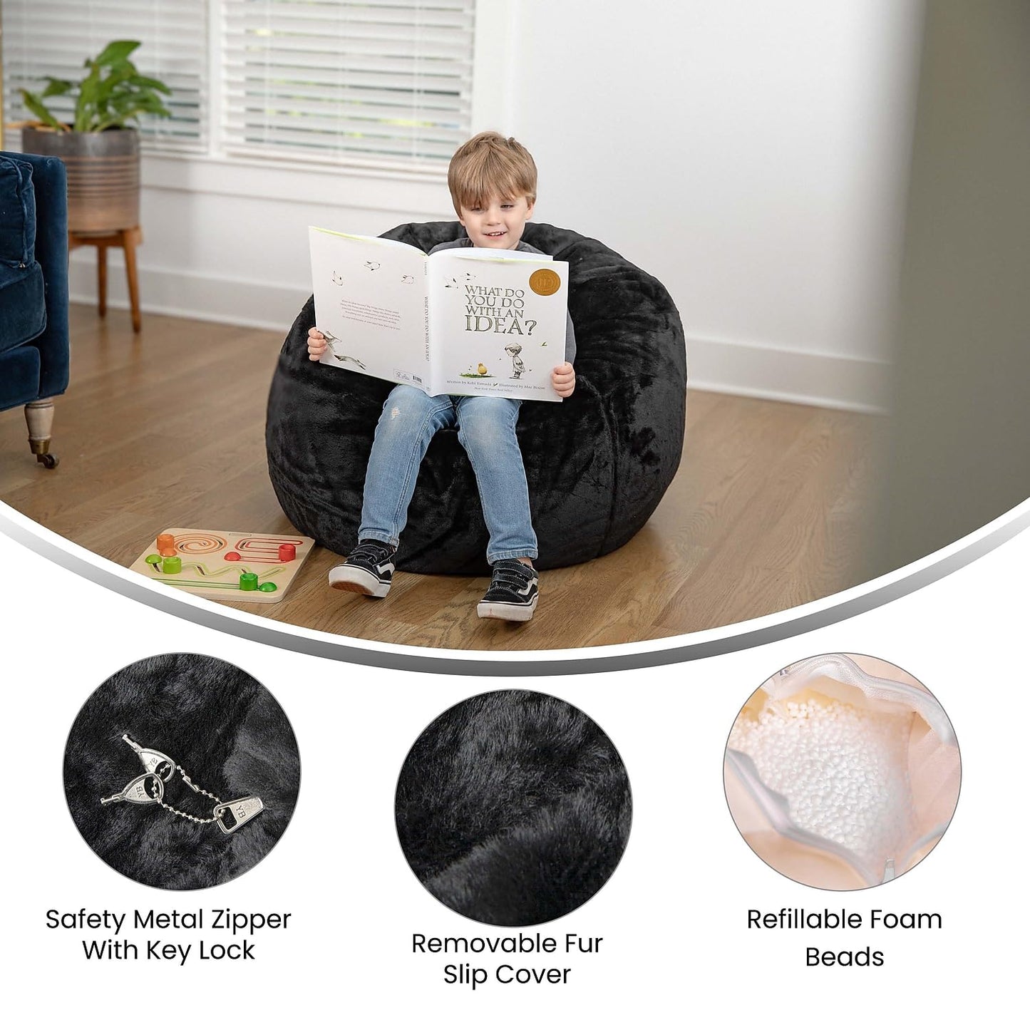 Flash Furniture Dillon Small Black Furry Bean Bag Chair for Kids and Teens