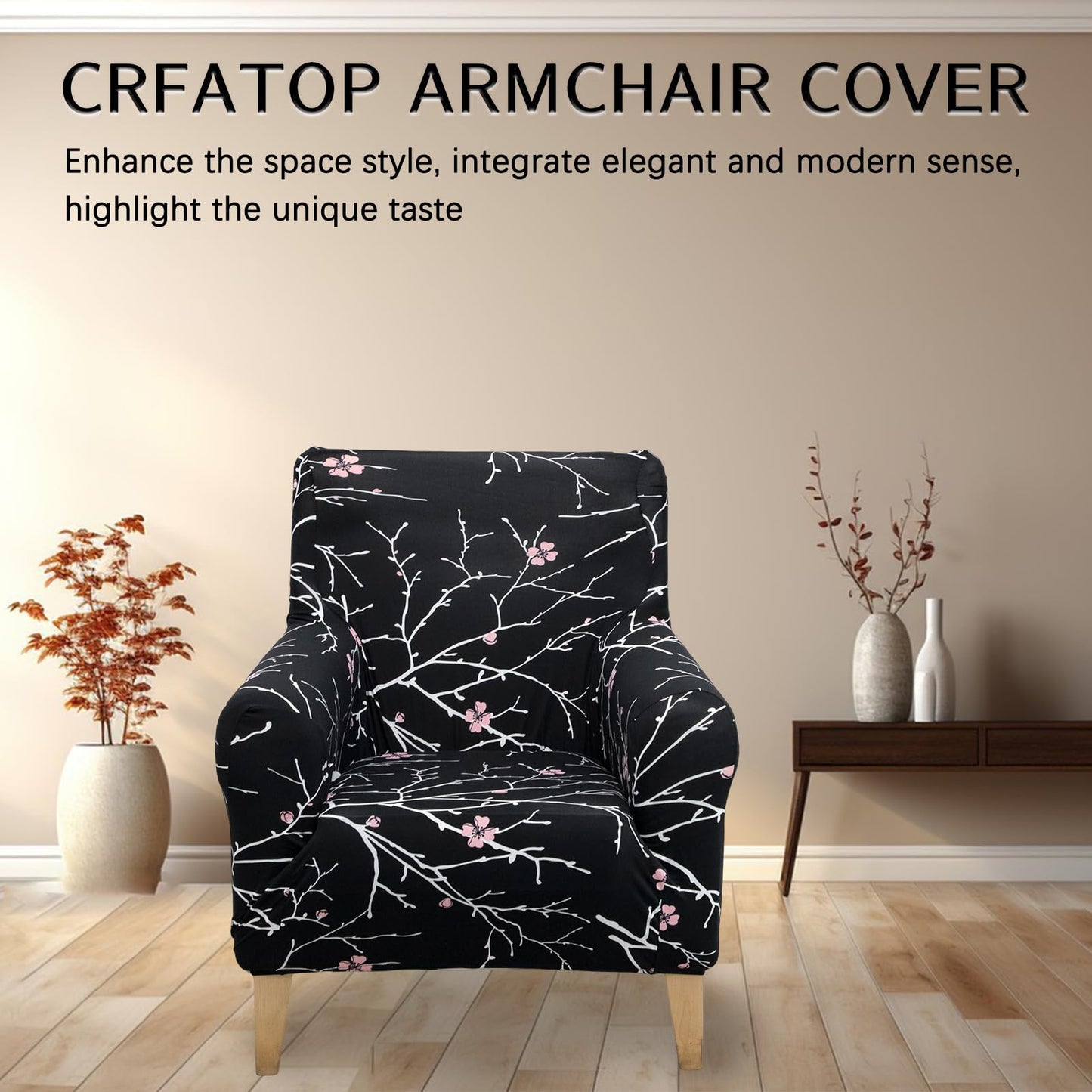 Adigau Chair Covers Stretch Armchair Protector Modern Printed Single Sofa Slipcover with Arms for Living Room Office Reception Reading Couch(Black Flower)