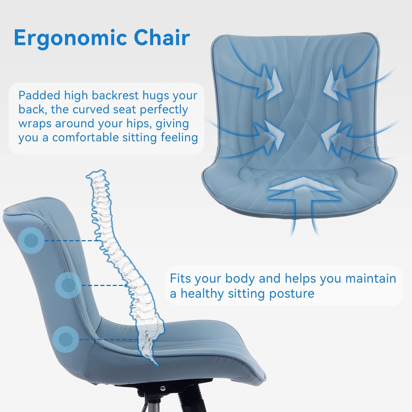 YOUNIKE Office Chair, Adjustable Swivel Armless Desk Chair with Wheels, Aesthetic Home Office Computer Task Chairs, Modern Faux Leather Upholstered Vanity Chair with Back, Blue