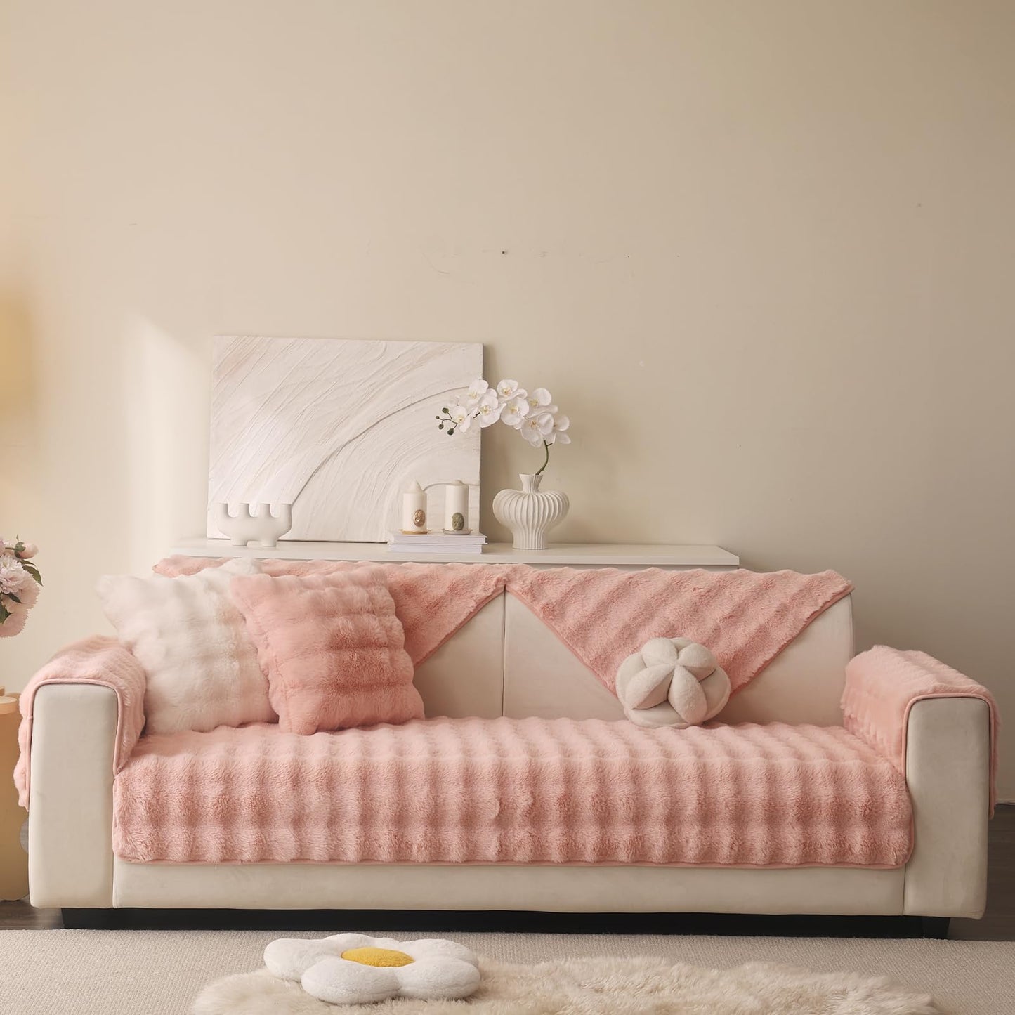 Aucrovee Soft Plush Faux Fur Couch Cover, Thick Warm Fuzzy Sectional Sofa Covers for 3 Cushion Couch Sofa L Sharped Sofa Non Slip Slipcover, Furniture Protector Covers for Pets(1 PCS 36"x36" Pink)