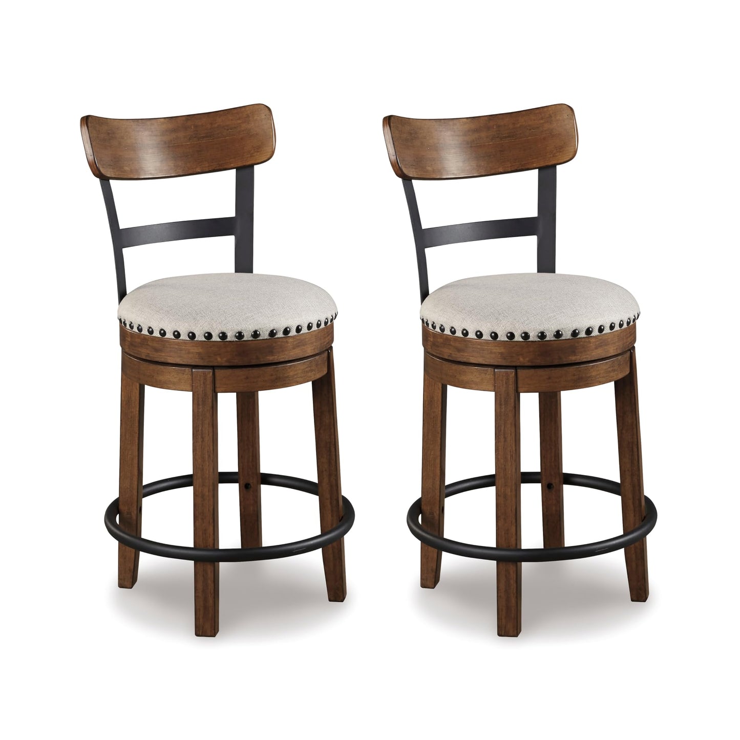 Signature Design by Ashley Valebeck Swivel Barstool With Back, Rustic-Industrial Wood and Metal, 360-Degree Swivel Counter Height Stool for Kitchen Island Seating, Linen Color