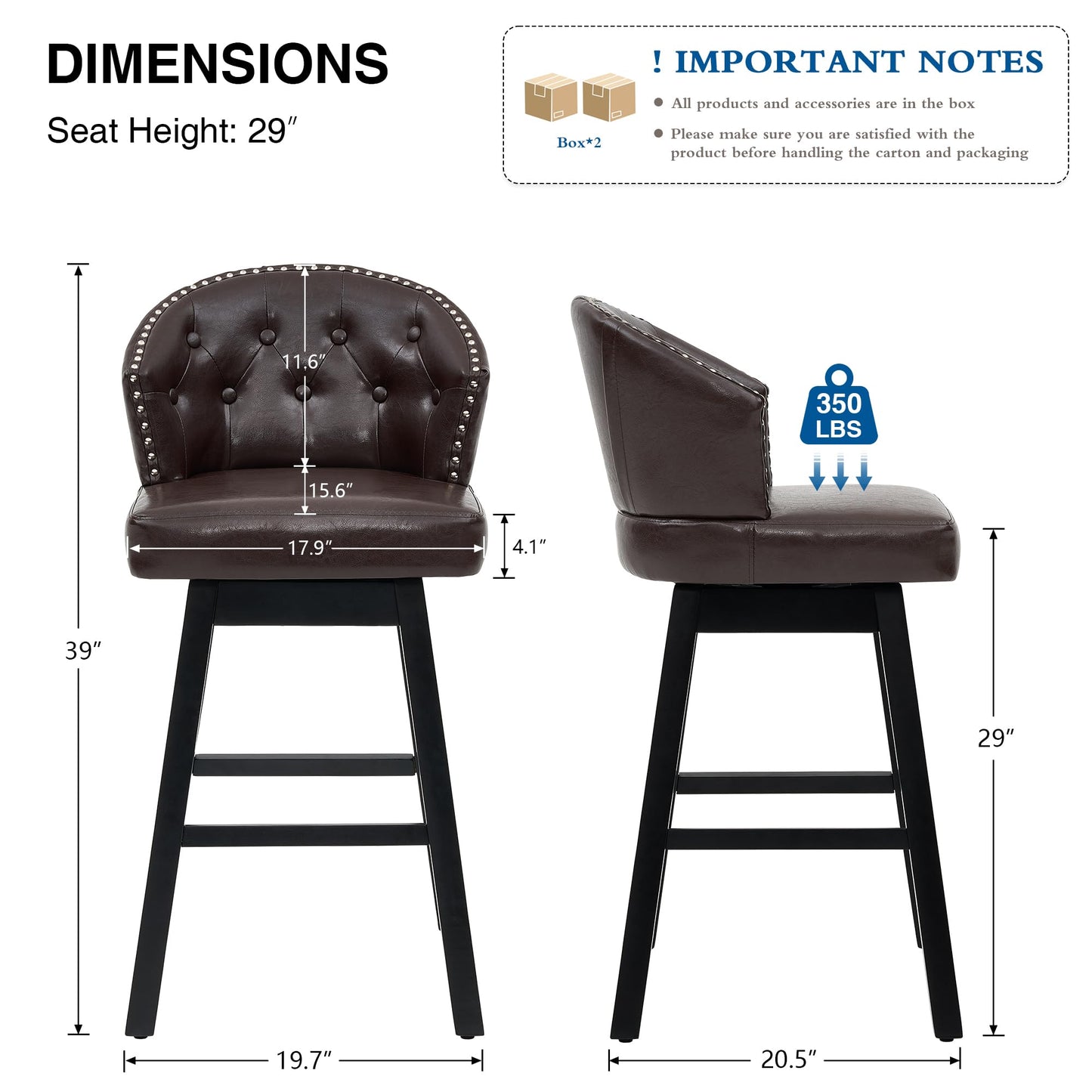 UDAX 29''Swivel Bar Stools Set of 2, Upholstered Barstools with Backs, Modern Counter Height Bar Stool Chairs for Kitchen Island, Wood Legs, Counter Stools