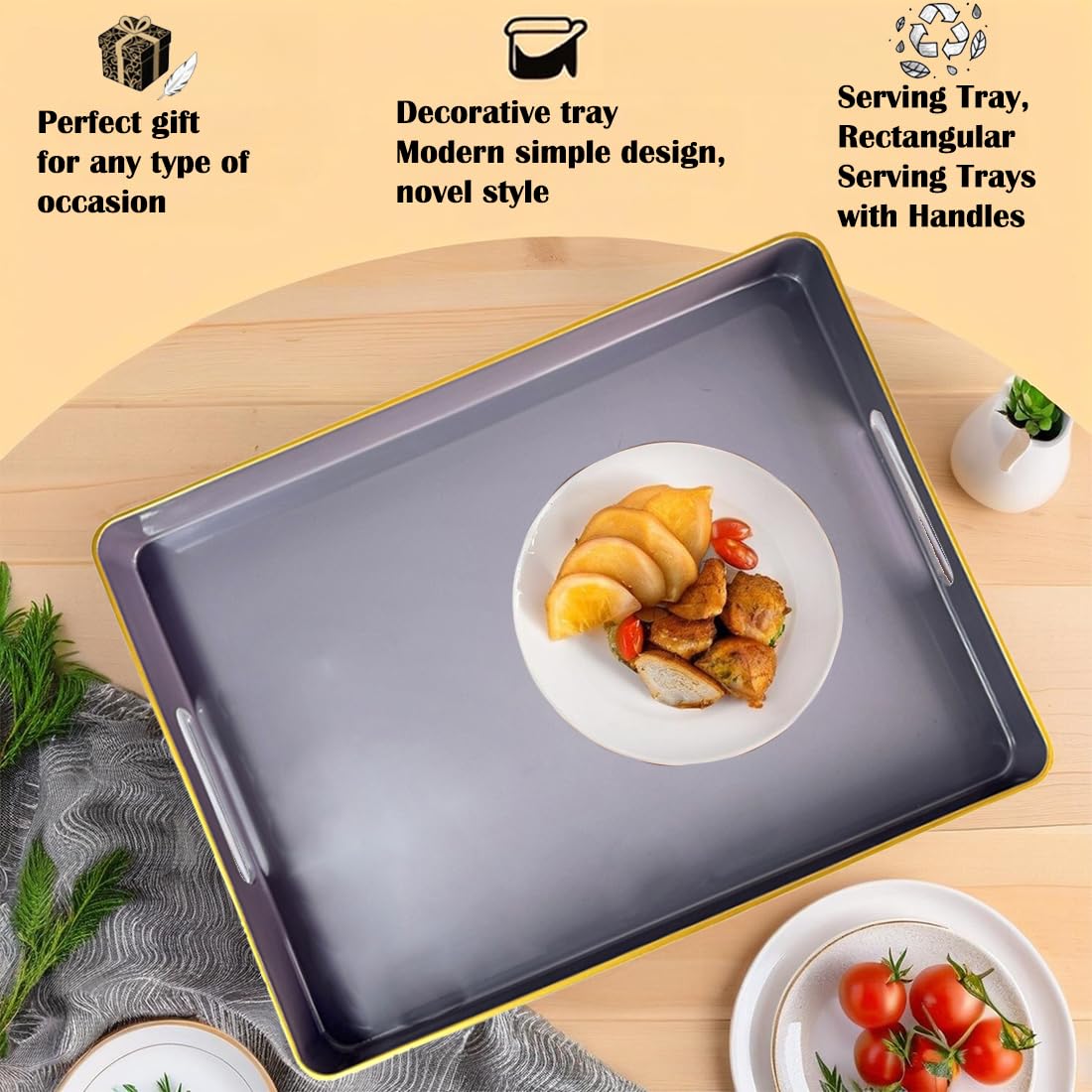 UOEKCS Large Grey Coffee Table Tray, Decorative Serving Tray with Handles, Plastic Rectangular Tray for Ottoman, Bathroom, Living Room. 16.7"*12"*1.6"