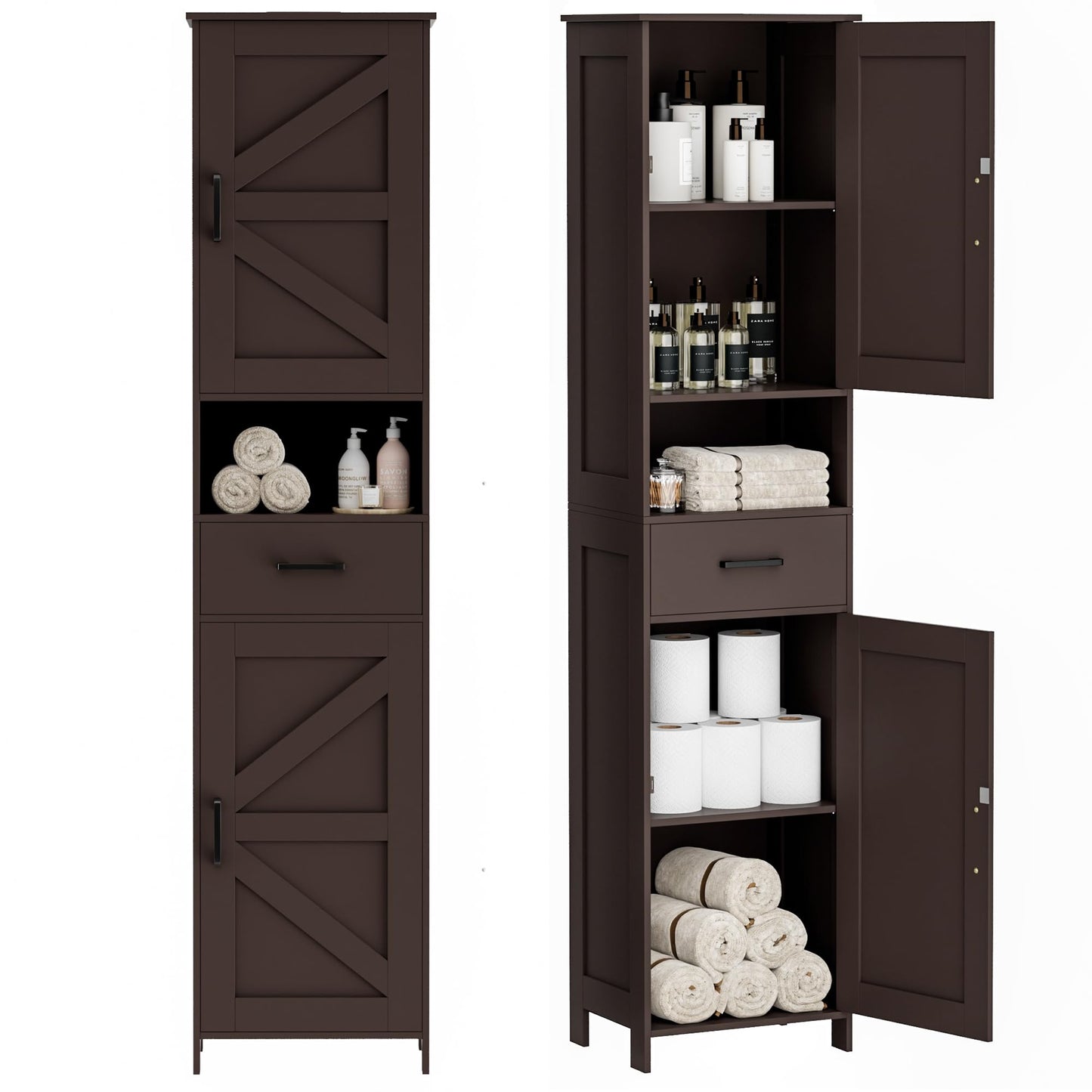 Homhedy 67" H Tall Bathroom Storage Cabinet with 2 Barn Doors and 1 Drawer, Narrow Storage Unit, Adjustable Shelves, Floor Cabinet for Bathroom, Living Room, Entryway, Kitchen, Brown, (15.7" W)