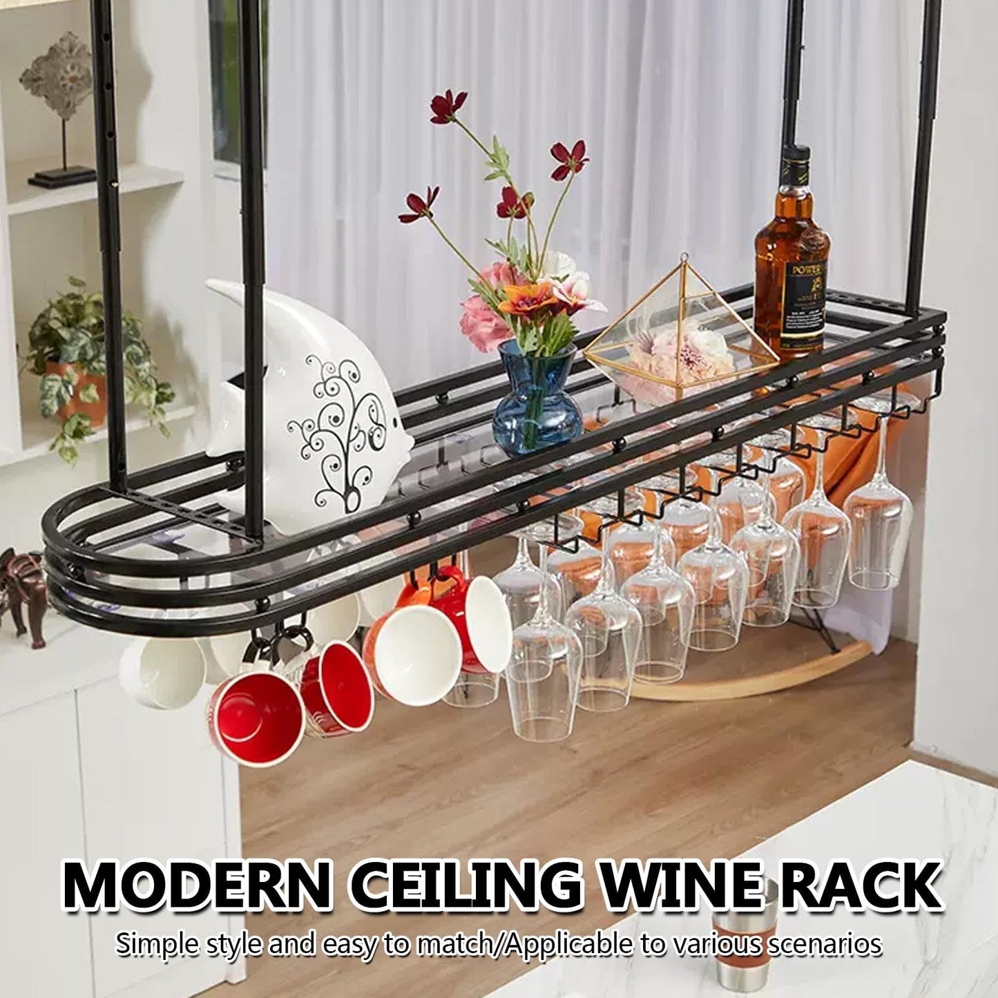 GHHDPXM Modern Hanging Wine Bottles Rack for Home Display Metal Ceiling Shelf for Cafe Bar and Kitchen Floating Storage Shelves with Glass Holder Wall Mounted Wine Rack for Cups.
