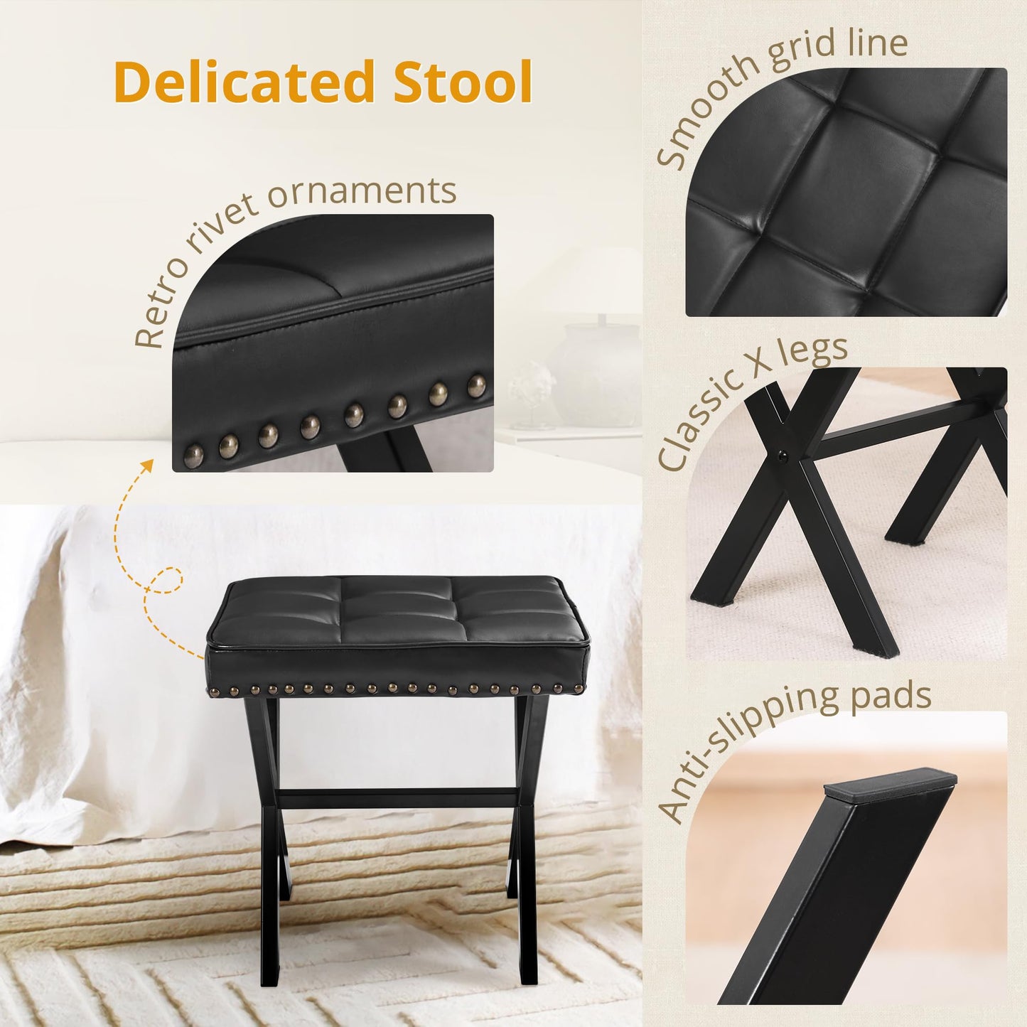 LUE BONA Vanity Stool - Square Faux Leather Makeup Seat With Metal X Legs, Small Ottoman Chair for Makeup Room, Living Room - Modern Padded Foot Rest, Black