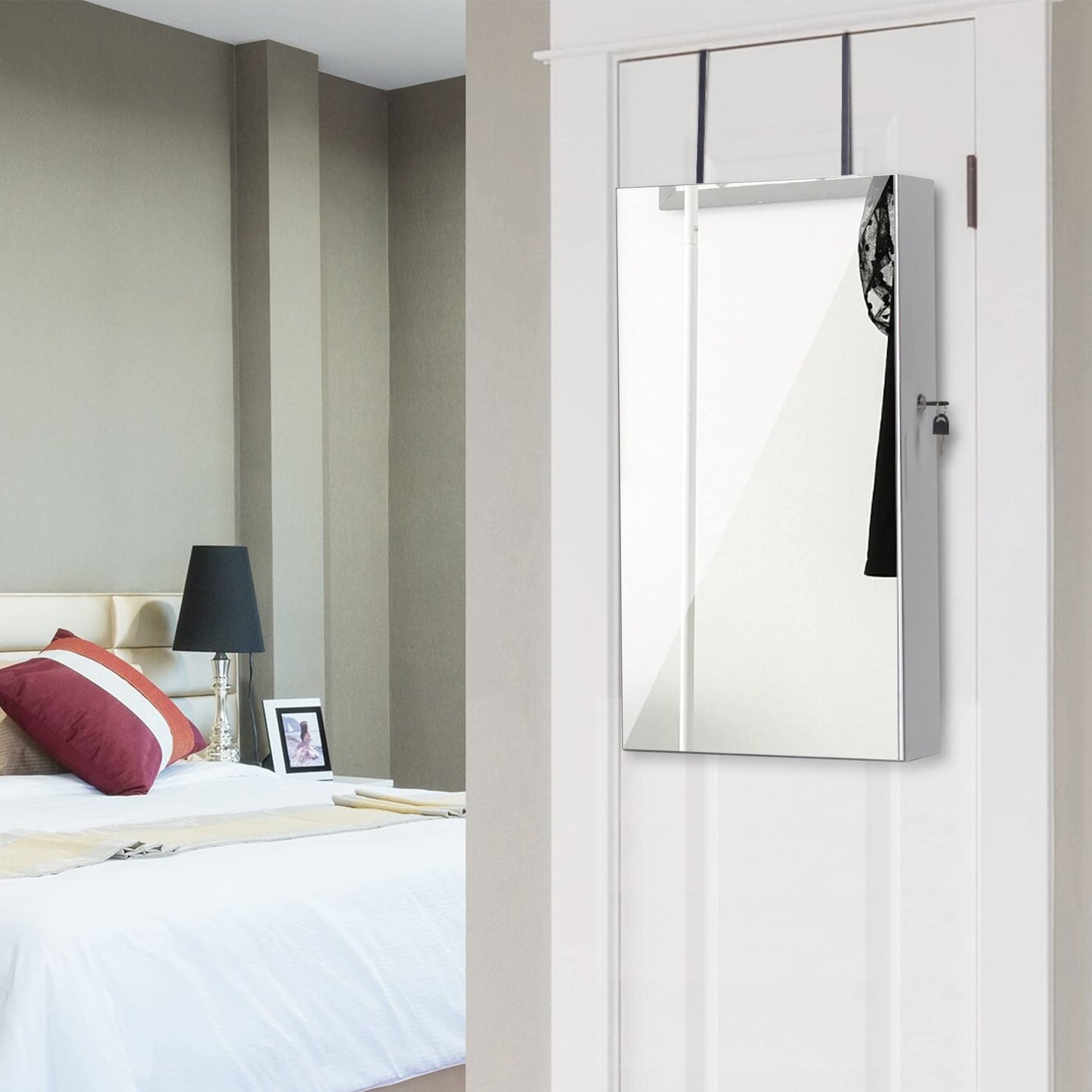 LAVIEVERT Lockable Jewelry Cabinet Armoire with Frameless Mirror, Wall/Door Mounted Space Saving Jewelry Display Organizer with Lipstick Compartments - White