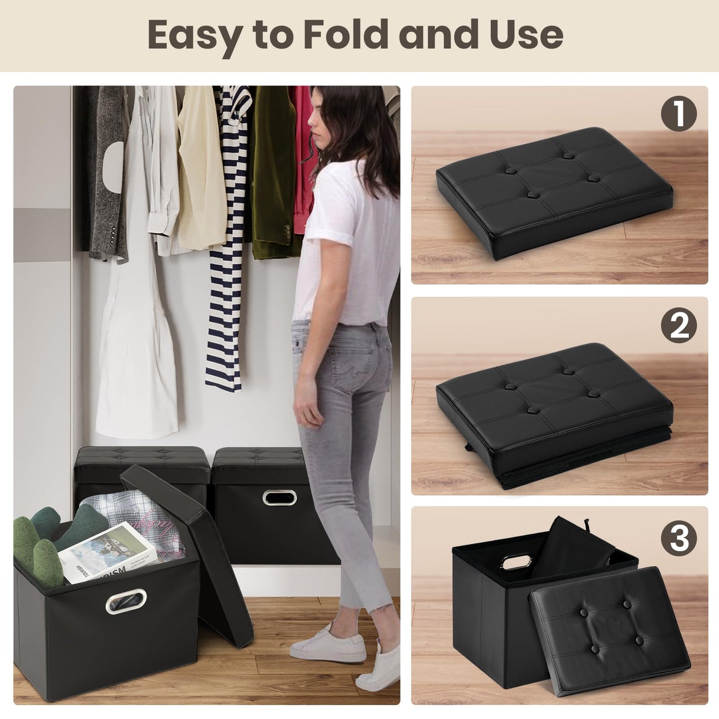 COSYLAND Ottoman with Storage Folding Leather Ottoman Footrest Foot Stool Black Ottoman for Room Small Rectangle Collapsible Bench Furniture with Handles Lid Toy Chest 17x13x13in