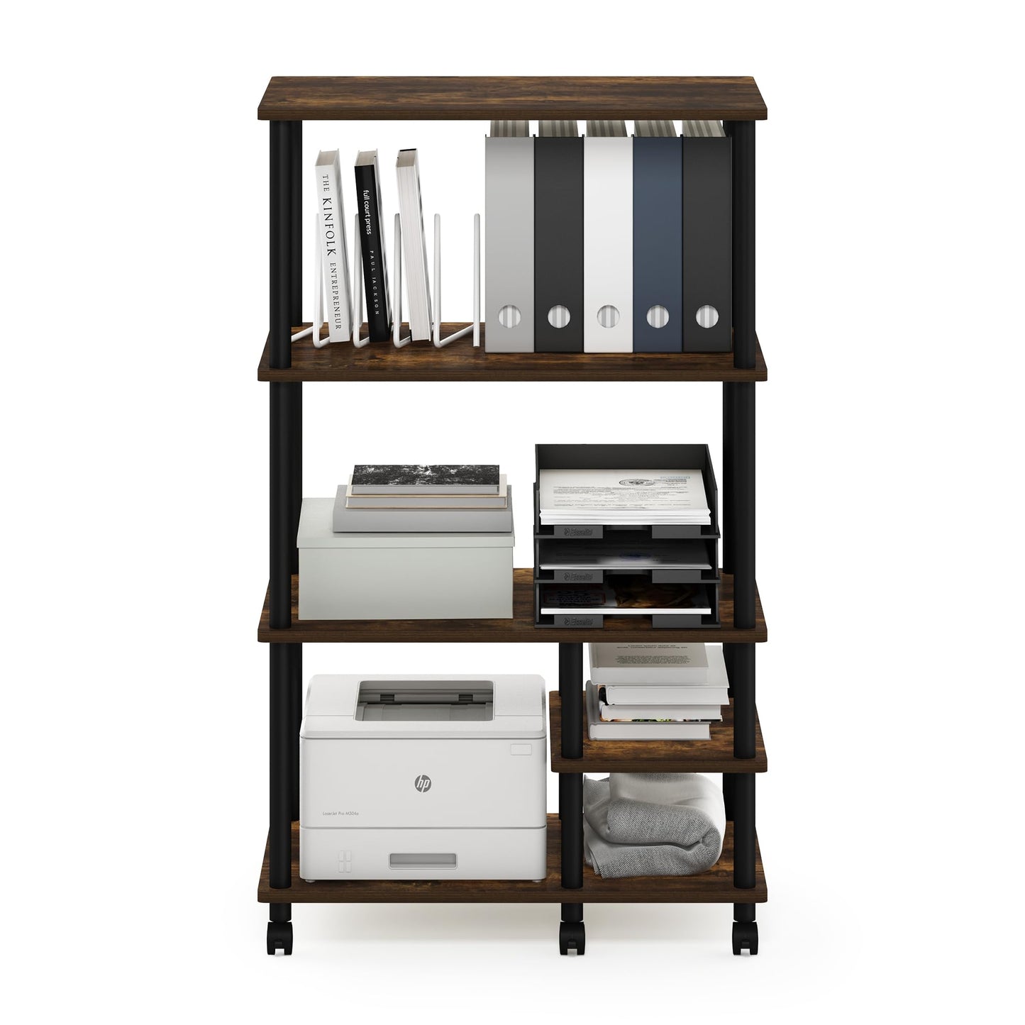 Furinno Turn-N-Tube Toolless Assembly 4-Tier Rustic Brown Printer Stand with Storage Shelf and Casters, Open Frame Standing Shelf, for CPU, Office Supplies, Home Office, Amber Oak