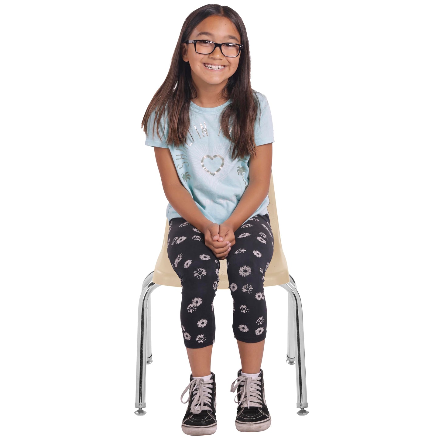 FDP 14" School Stack Chair, Stacking Student Seat with Chromed Steel Legs and Nylon Swivel Glides; For In-Home Learning or Classroom - Sand (4-Pack), 10381-SD