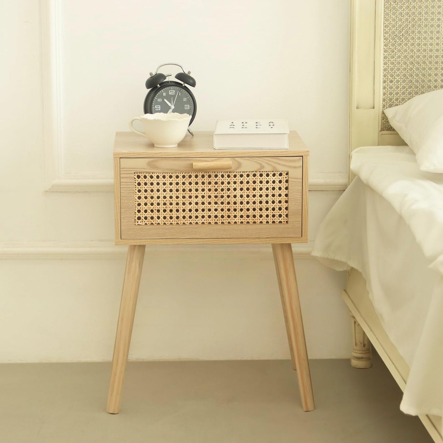 AWASEN Rattan Nightstand, Bedside Table with Rattan Drawer, Wood End Table with Storage and Solid Wood Legs for Bedroom Living Room Small Space (Walnut)