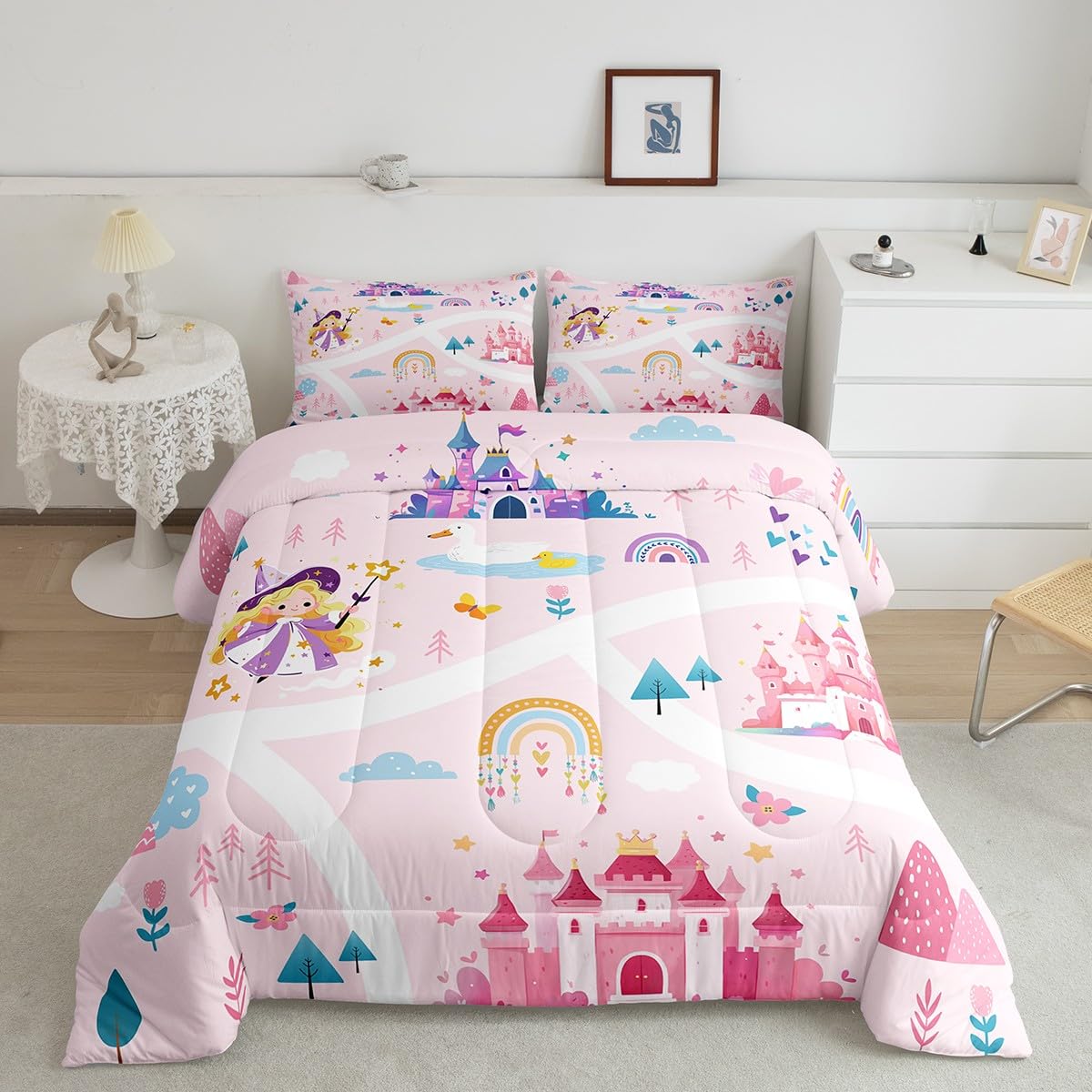 Feelyou Kids Princess Duvet Insert Queen Size, Girls Dreamy Magic Castle Comforter Set Boys Girls for Cartoon Rainbow Bedding Set Fairytale Teens Bedroom Decor with 2 Pillow Case