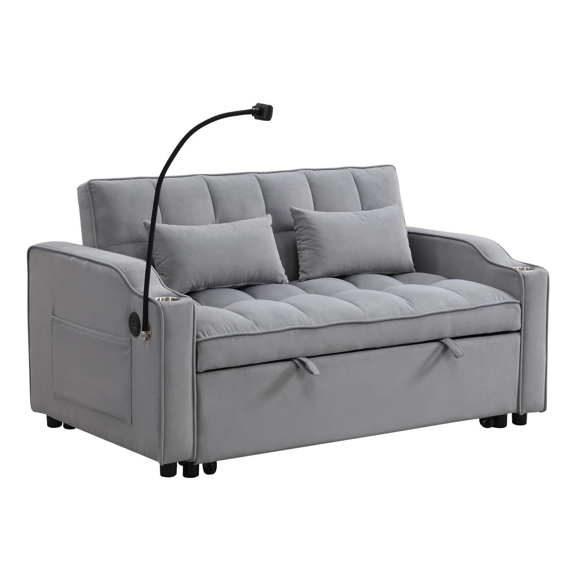 KEIKI 3 in 1 Convertible Sleeper Sofa Bed, Velvet Loveseat Futon Couch with Pullout Bed & Adjustable Backrest, USB Ports & Phone Holder, Small Lounge Sofa for Living Room Apartment, Light Grey