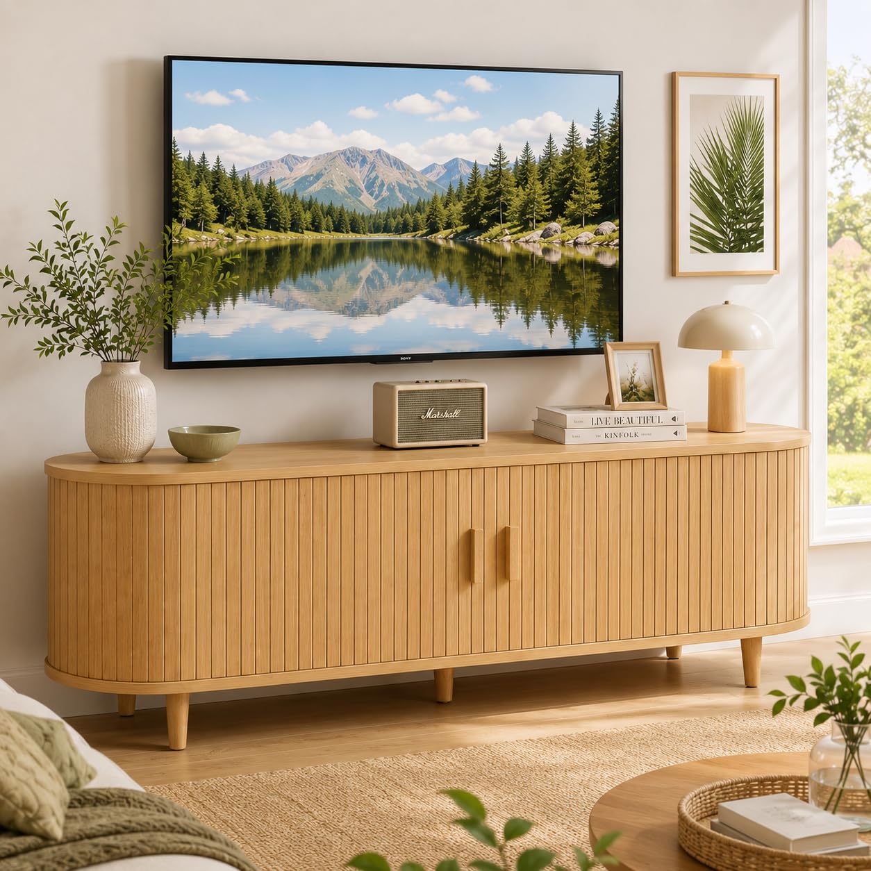MXV 58" Mid-Century Modern TV Stand with Sliding Doors, TV Consoles with Power Outlet, Fluted Entertainment Center with Adjustable Shelves for Living Room