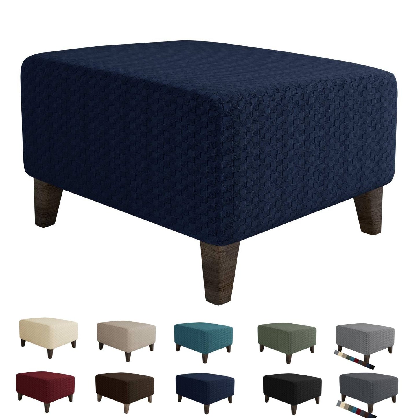 MAXIJIN Jacquard Ottoman Cover Slipcovers Folding Storage Stool Furniture Protector Cover Soft Thick Rectangle Foot Rest Slipcover with Elastic Bottom (Ottoman X-Large, Navy Blue)