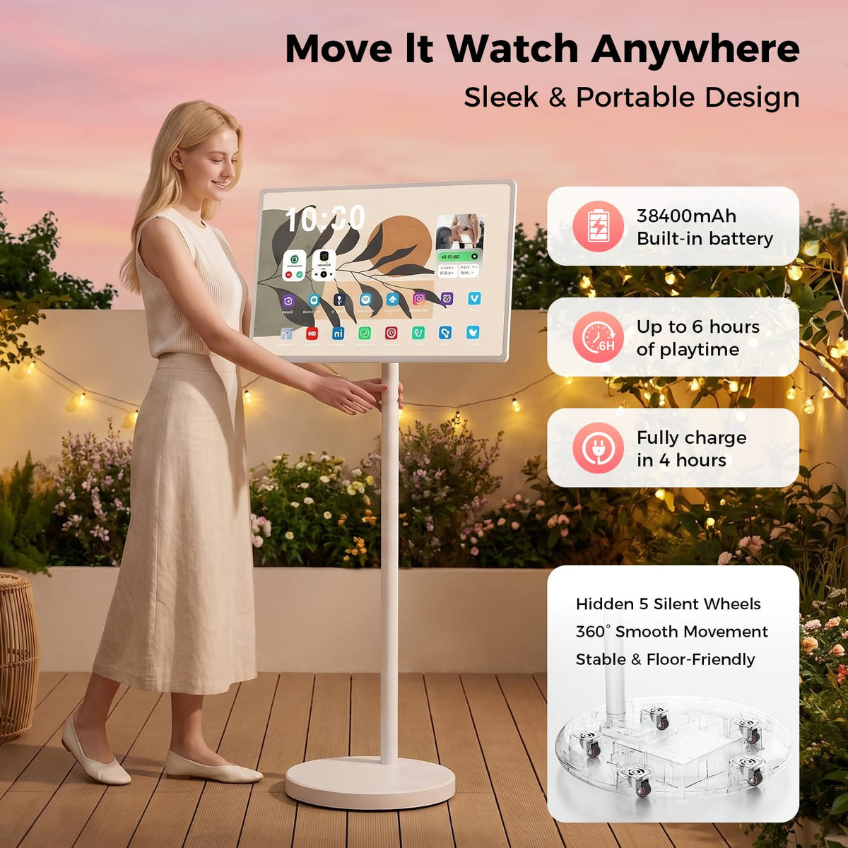 32 Inch Smart Portable TV, FHD Touch Screen Rolling Monitor on Wheels, Android 15 8GB +128GB, Wireless Tablet Display with Camera, 20W Speaker, EDLA-Certified 38,400 mAh Battery Voice Airmouse Remote