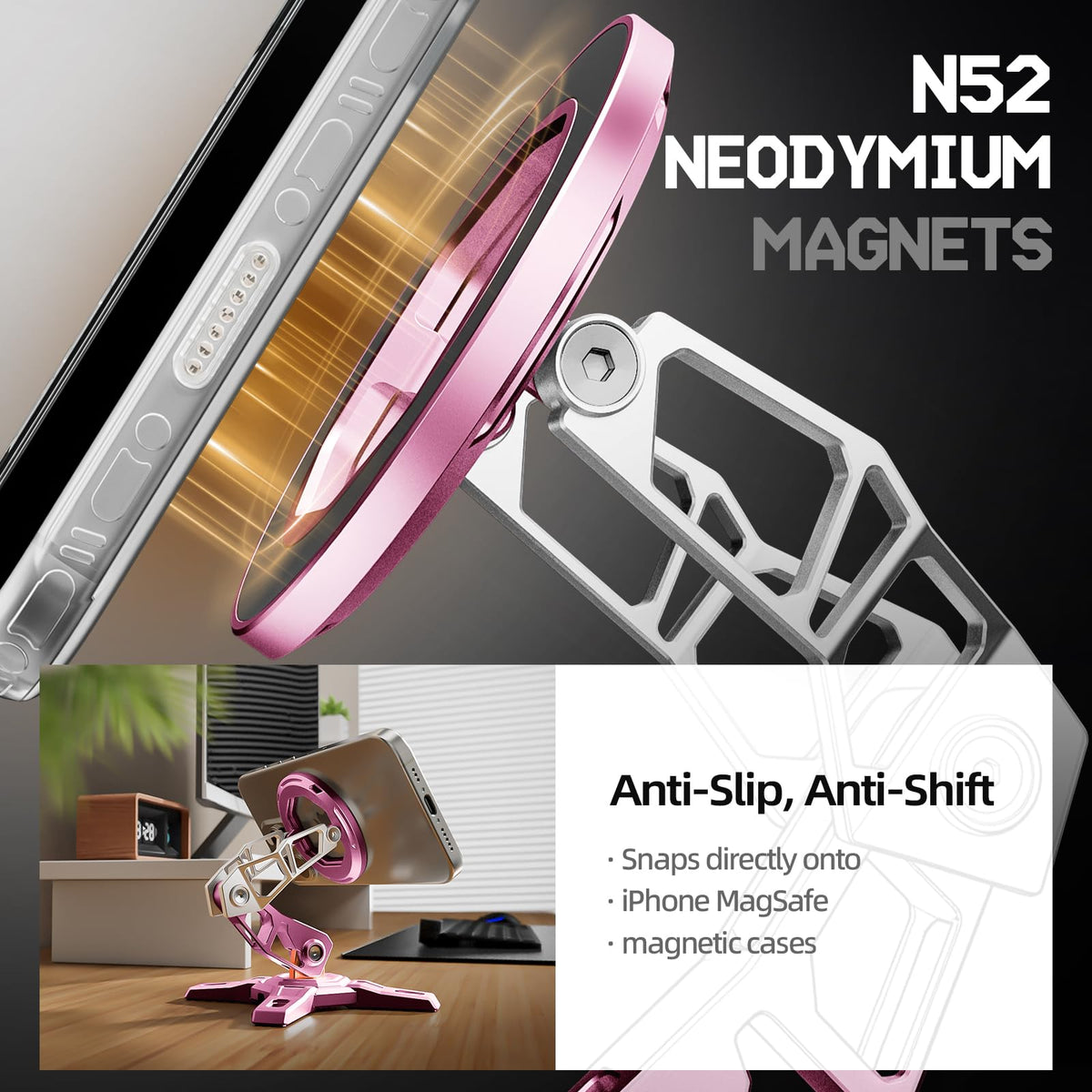 PEAKZOOC Desk Phone Stand, All-Metal Steel-Bone Design, Compatible with MagSafe, for Style-Driven Desk Setup, Studio, Office, and Creative Space, Neon Blush Pink