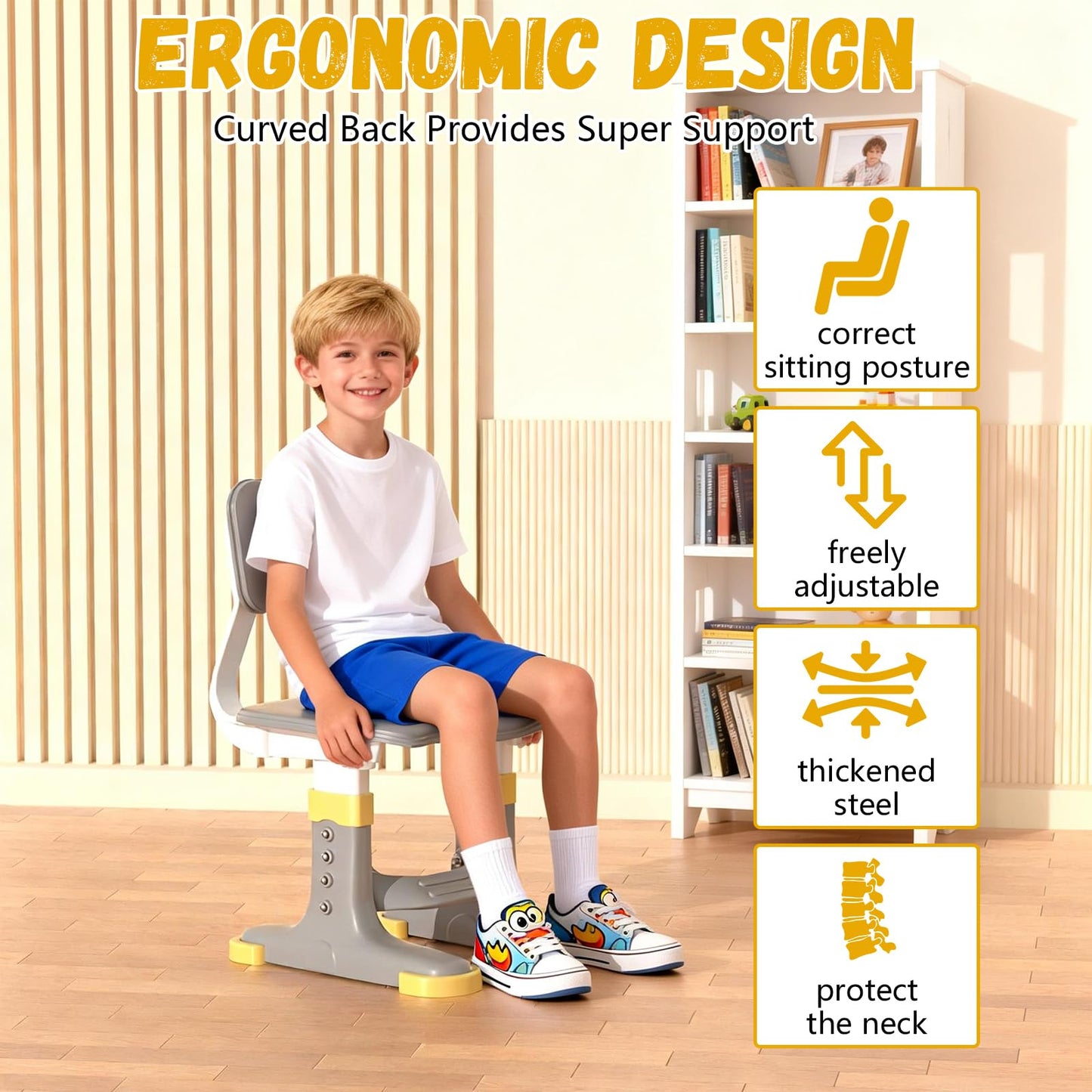 Kids Study Desk and Chair Set - Height Adjustable Study Writing Table with Bookstand and Storage Drawer, Child School Study Writing Table Ergonomic Widened Desktop Art Desk for Boy & Girl (Grey)