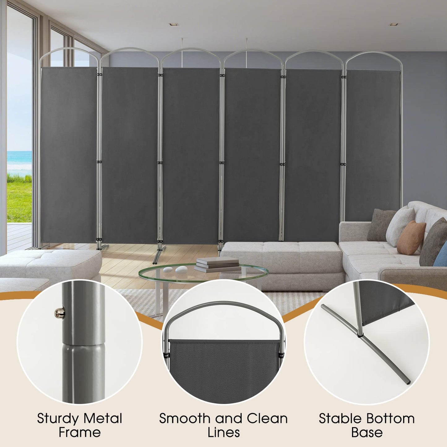 Giantex 6.2Ft Folding 6-Panel Room Divider Grey - 130" Wide Freestanding Foldable Fabric Privacy Screen, Lightweight Portable Partition Wall Divider and Separator for Home Office, Apartment, Studio