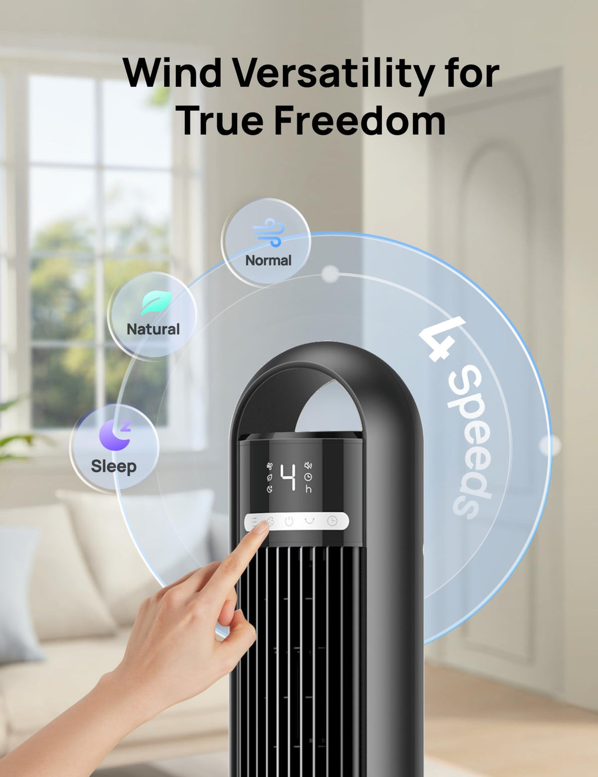 DREO Tower Fan for Bedroom, 90° Oscillating Standing Fans for Room with 4 Speeds, 3 Modes, 28dB Quiet for Sleep, 26ft/s Velocity, 8H Timer, Remote, Living Room, Office, Home, Black